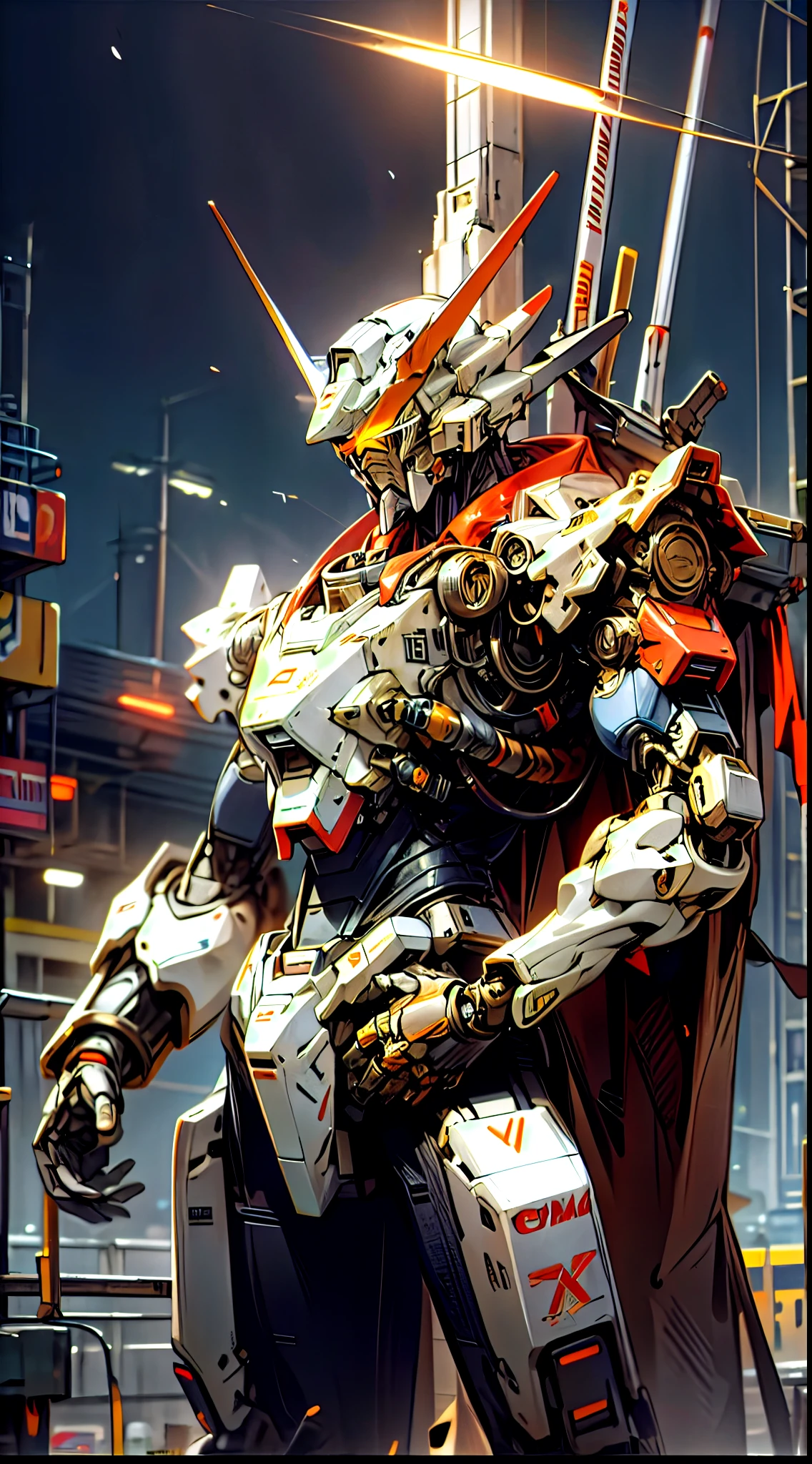 Gundam Mecha, Orange Rune Surrounds, Orange Rune Floats, Orange and White Intersect, Dark_Fantasy, Cyberpunk, (Best Quality, Masterpiece), On the Moon, 1 Man, Mechanical Marvel, Robot Presence, Cybernetics Guardian, City, Highest Quality, Stunning Art, Wallpaper 4k, Highly Detailed, Military Robot, Army, Warzone, , Highest Quality Digital Art, Wallpaper 4K, 8K, K, HD, Unbeatable Masterpiece, Dynamic Lighting, Movie, Epic, Damaged mechanical parts, golden eyes, hand-held weapons, head surrounded by halos,