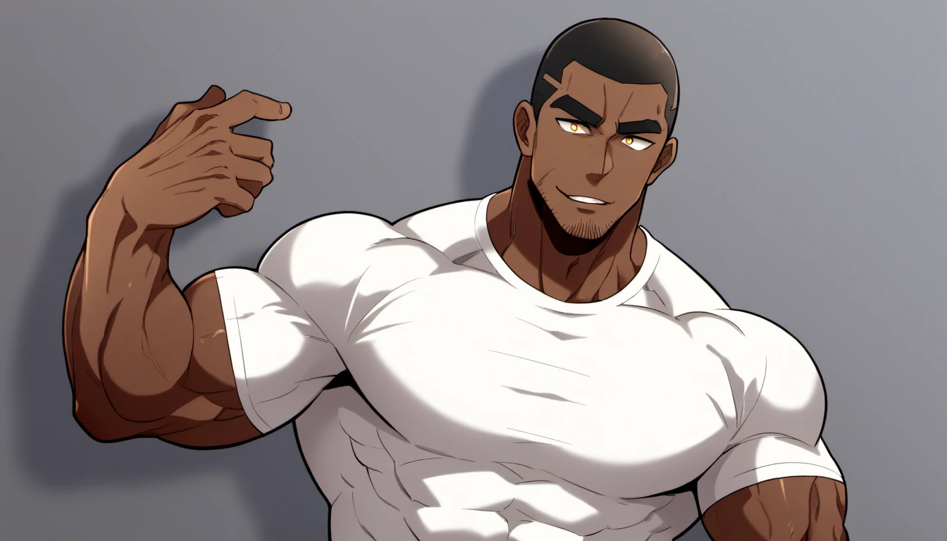 anime characters：Black man, Fitness coach, Dark black skin tone, His skin is pitch black., 1 muscular tough guy, Manliness, male focus, Cream Lycra T-shirt, Very tight, The pectoral muscles are oversized, Slightly transparent, muscular male, muscular, only, Upper body, alone, White short hair, Thick eyebrows, stubble, Yellow eyes, Grey background, simple background, amazing quality, best aesthetics, Ridiculous, bright pupils, crew cut, parted lips, seductive smile, torogao, naughty face, drop shadow, best quality