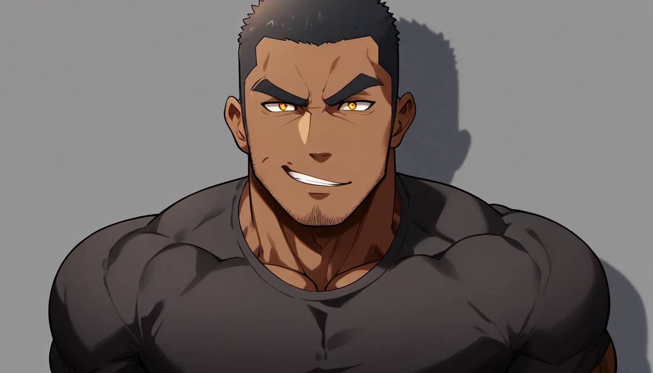 anime characters：Black man, Fitness coach, Dark black skin tone, His skin is pitch black., 1 muscular tough guy, Manliness, male focus, Cream Lycra T-shirt, Very tight, The pectoral muscles are oversized, Slightly transparent, muscular male, muscular, only, Upper body, alone, White short hair, Thick eyebrows, stubble, Yellow eyes, Grey background, simple background, amazing quality, best aesthetics, Ridiculous, bright pupils, crew cut, parted lips, seductive smile, torogao, naughty face, drop shadow, best quality