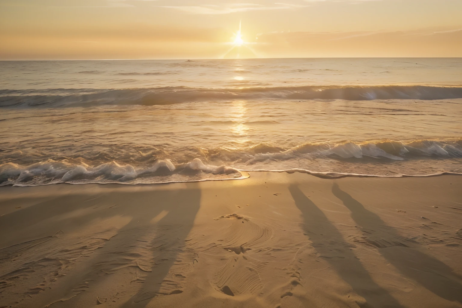 Vividly vibrant summer scenes bursting with energy and warmth, every detail exudes the essence of the season: sun-kissed hues of gold and coral, lush greenery teeming with life, and azure skies stretching endlessly overhead. The primary subject of this image is a serene beach at sunset, captured in a stunning photograph. The soft, golden light bathes the scene in a hazy glow, casting long shadows on the sand and gently caressing the gentle waves lapping at the shore. This high-quality image beautifully captures the peaceful tranquility and beauty of a summer evening by the sea.