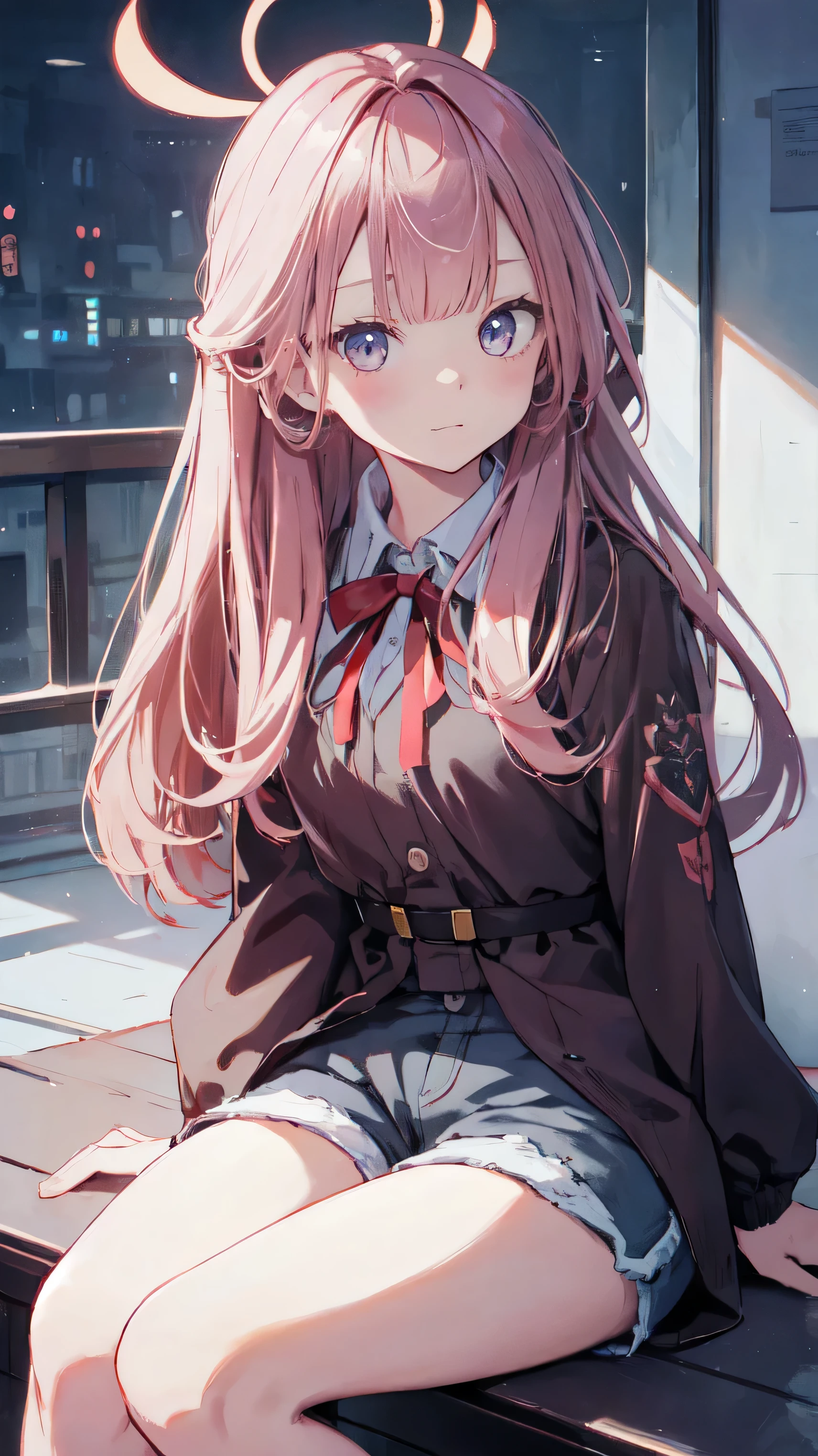 master piece、Highest image quality、highest quality、 ((panic))、glossy hair quality、small face、sitting、Super detailed and beautiful bright eyes、Super detailed clear and beautiful face、(cute illustration:1.2), High-resolution, ultra-detailed, best quality, embarrassed、(Gaps in shorts)