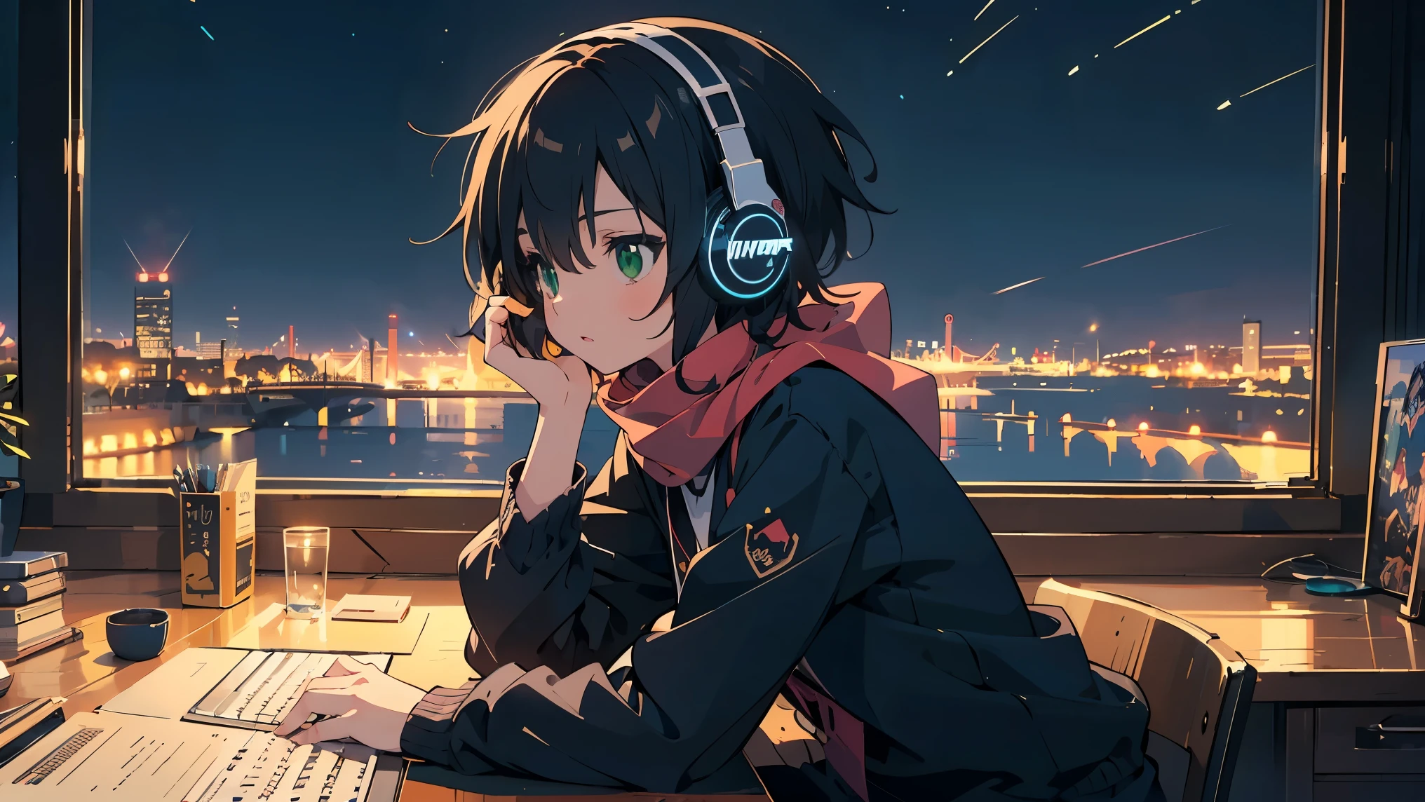 (masterpiece:1.2), (highest quality:1.2), ultra high resolution, Super detailed, perfect eyes, perfect face, perfect lighting,((Anime girl with headphones working on a computer)), (hit the keyboard),((looking side)), ((looking away:1.4)),surreal girl, (one person,lolita,boyish, , 13 years old:1.3),full finger,, Androgynous charm, (very short hair), black hair, messy hair, small and soft breasts,slender body, small ass, Small green eyes,detailed and beautiful eyes, Well-proportioned iris and pupils, expressive eyes, beautiful detailed lips, High resolution detailed hair, (light green sweater),(black shorts),(Red scarf),super dense skin, (Fantastic night view), (Warm lighting), city night view,Gwaites style artwork, Makoto Shinkai&#39;s art style, lofi portrait, Digital anime art, Makoto Shinkai style, LOFI Girl, Anime-style illustrations, lofi art style, Anime illustration