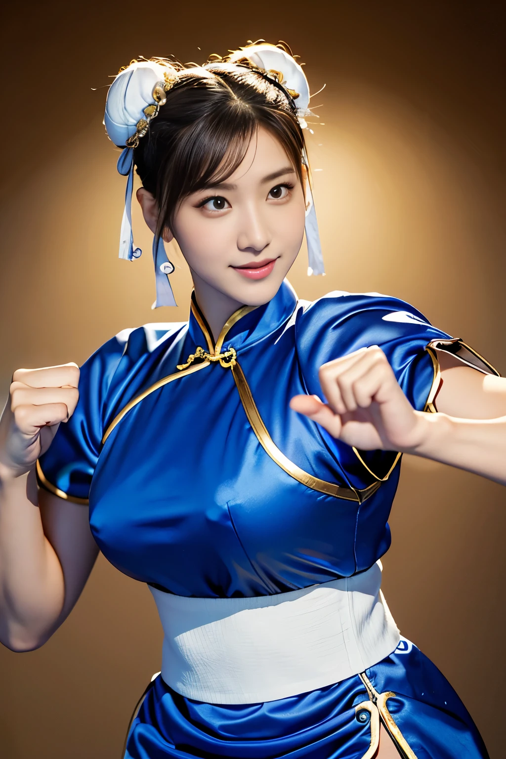 Chun-Li from Street Fight II,perfect chun li costume,blue cheongsam with gold lines,Bun head,Good cover,fighting pose,ハイkick,kick、raise your legs,masterpiece、1 beautiful girl、fine eyes、puffy eyes、highest quality, 超High resolution, (reality: 1.4), movie lighting、super beautiful、beautiful skin、body turns forward、(超reality的な)、(High resolution)、(8K)、(very detailed)、(美しくfine eyes)、(Super detailed)、 (wall-)、detailed face、bright lighting、professional lighting、looking at the viewer、Look straight ahead、slanted bangasterpiece, highest quality, masterpiece, highest quality, perfect face, perfect brown eyes with white sclera, Bad move - 5, alone, 1 girl, Upper body, brown hair, From SF2, Chinese service, smile, muscular woman, blue clothes, pantyhose, pelvic curtain, Plump short sleeves, Good cover, sash, evaluation:safety