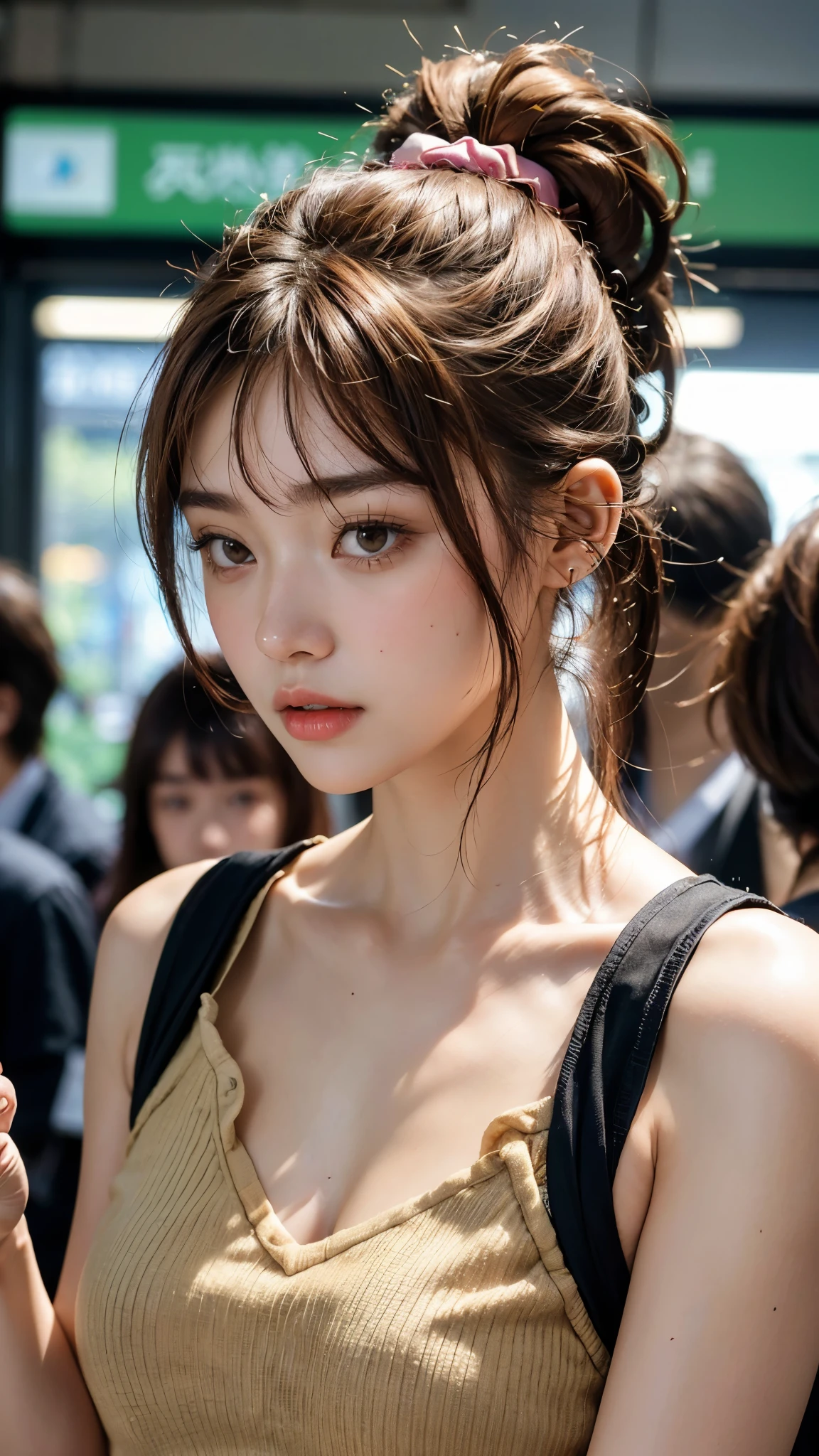 highest quality, masterpiece, ultra high resolution, (realistic:1.4), (Close profile portrait) Raw photo, 1 girl,20-year-old,((A crowded Yamanote Line train on a holiday)),((Wireless earphones in your ears)),((Staring at smartphone screen)),,((Asian Fashion)),((Wearing a light outer layer)),messy hair,((Ponytail and scrunchie, chestnut-colored hair)),((Bangs short hair)),realistic,picture media chest)),