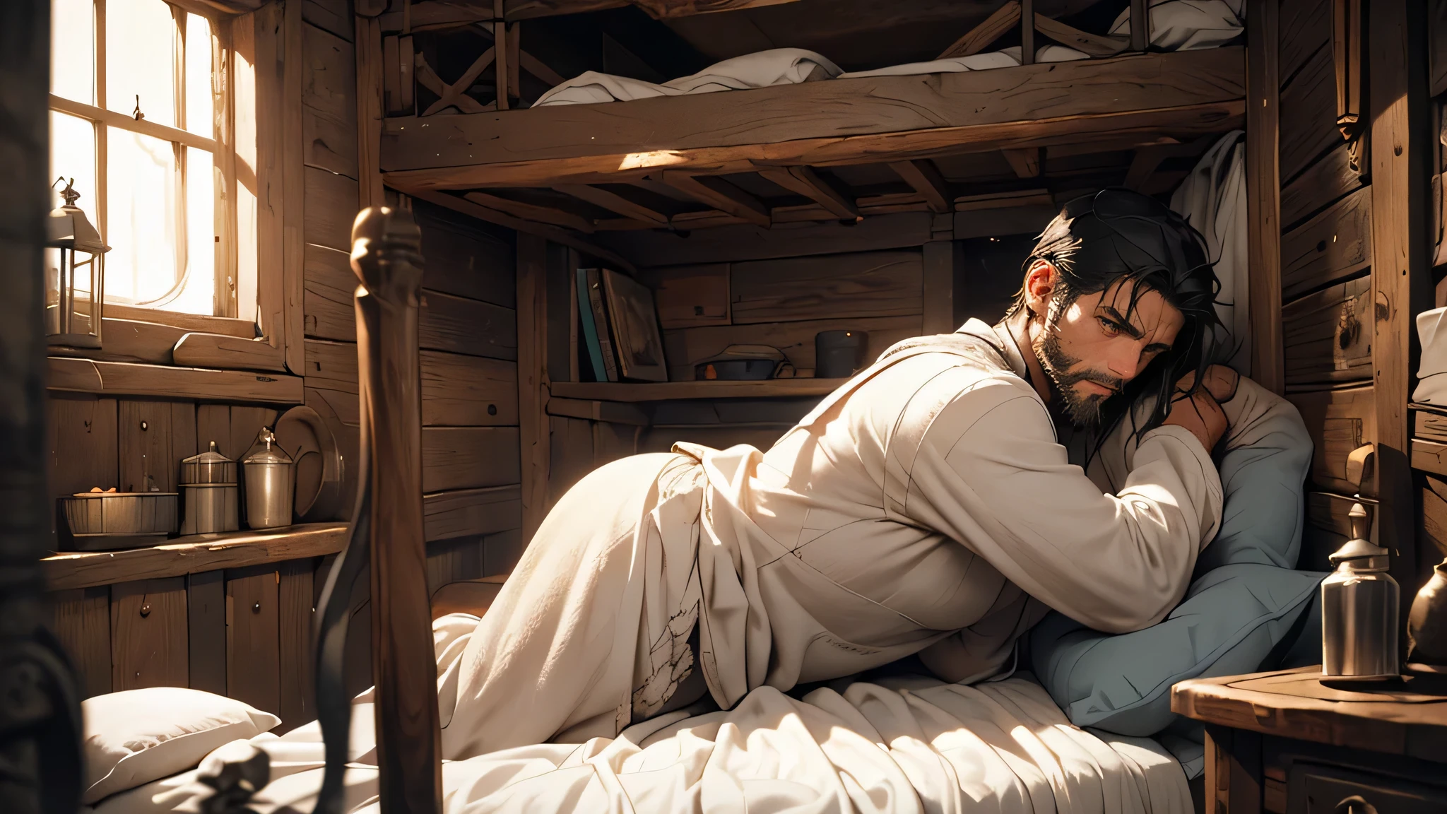 A illustrates a young man with black hair and a thin beard in tattered white clothes, pensive and sad with grief. prisoner, Imprisoned in a small ship cabin room, fantasy medieval theme, filled with sorrow and melancholy. Confined within the walls of a cramped medieval-style cabin, evoking a fantasy ambiance. Orientation in a square format for a focused composition.