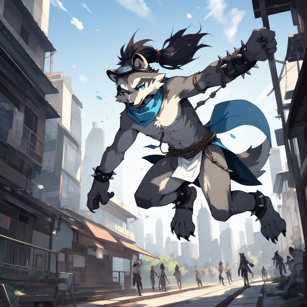 expressionmasterpiece, high quality, hi res, digital painting \(artwork\), by kuroisumi, yupa, kiyosan. furry, teenager, raccoon, grey body long spiked brown_ponytail, Detailed body fur, long blue scarf, Black loincloth, goggles, masterpiece, gray body, Detailed face, big eyebrows, blue eyes, detailed eyes, No muscles, city skyline, Detailed hands, Flat body, glistening body, Skinny, Detailed paws, metal cuffs on wrists, metal cuffs on ankles, no shirt, no underwear, Falling_from_abvove