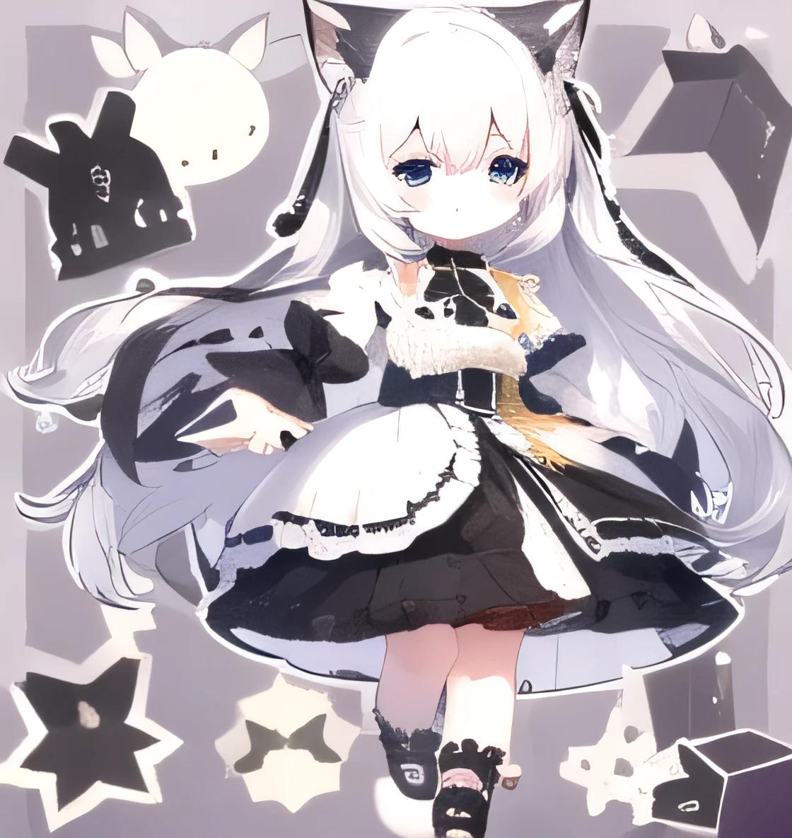 ((background is white、1 body、1 person:1.5))SD character、deformed、big eyes、Black ****ta Gothic Top、、Cat ear、silver hair、full body shot、Short leg、(超Short leg:1.4)、Background White