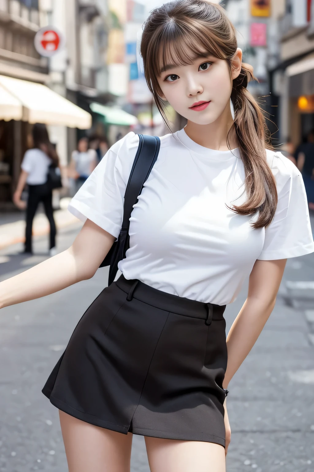 wide angle:1.5, zoomed out:1.5,Tight white shirt, black mini skirt:1.5, young Korean woman, perfect figure, Top Quality,extremely highly detailed,masterpiece,realisitic,Photo real,bright lighting,1 girl in, Very beautiful , (kawaii:1.2),faint smile, (Brown eyes),(light brown hair),(bangs),perfect shiny skin,Flawless skin, Gion streets, full body shot, full portrait, pony tail hair, cute pose, (((no humans))), clean background, no humans in background:1.5, no people, big breasts