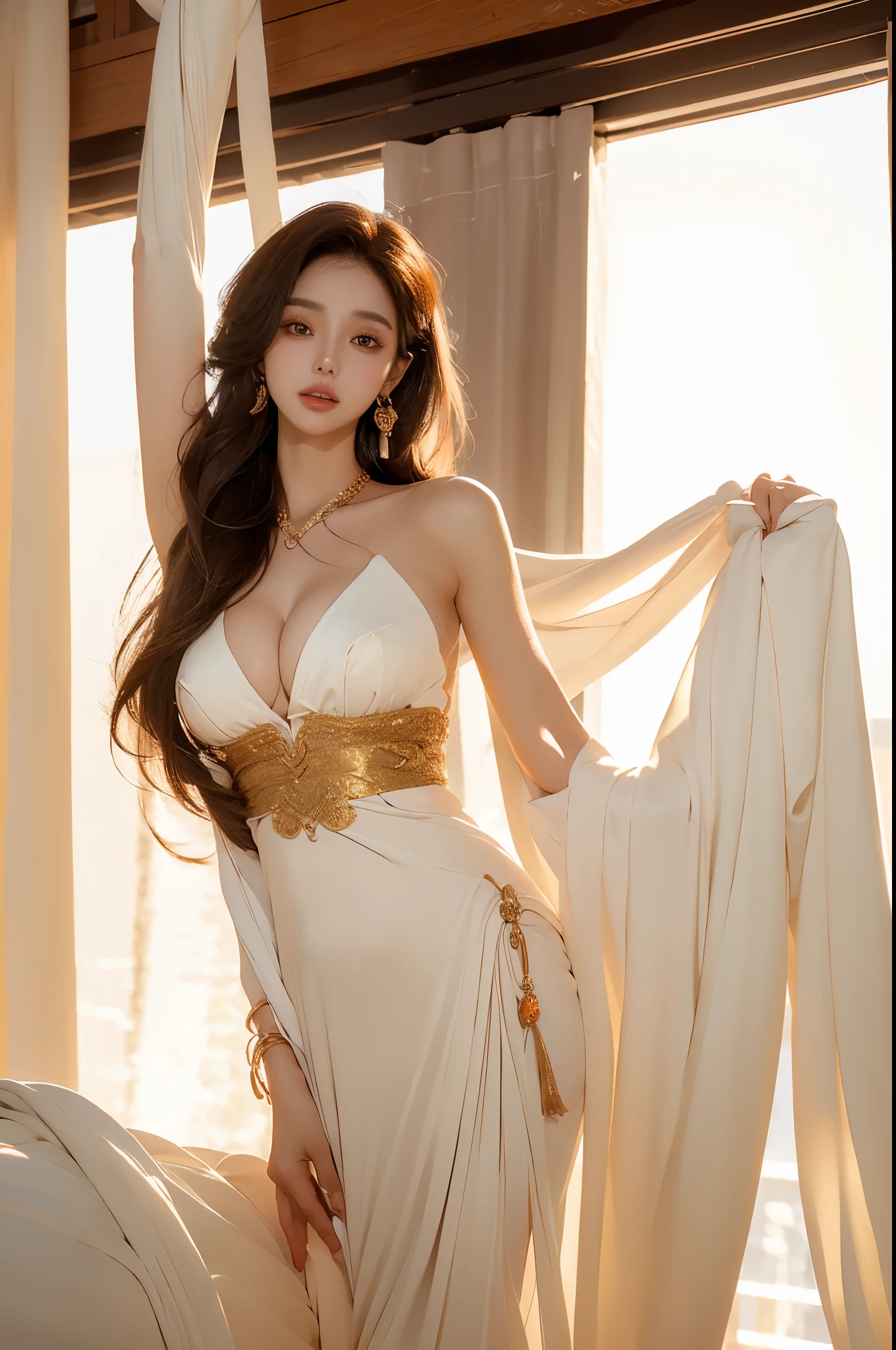 Beautiful woman with perfect body:1.4,layered hairstyle,Prominent cleavage:1.5,Light orange clothes,Highly detailed facial and skin textures,double eyelids,whiten skin,long hair,Whitened long legs