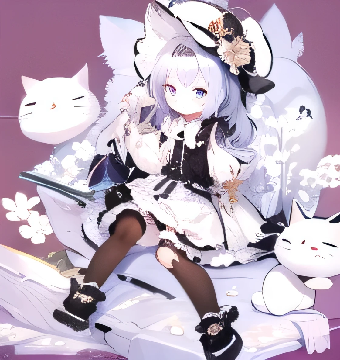 ((background is white、1 body、1 person:1.5))SD character、deformed、big eyes、Black Lolita Gothic Top、、Cat ear、silver hair、full body shot、Short leg、(超Short leg:1.4)、Background White