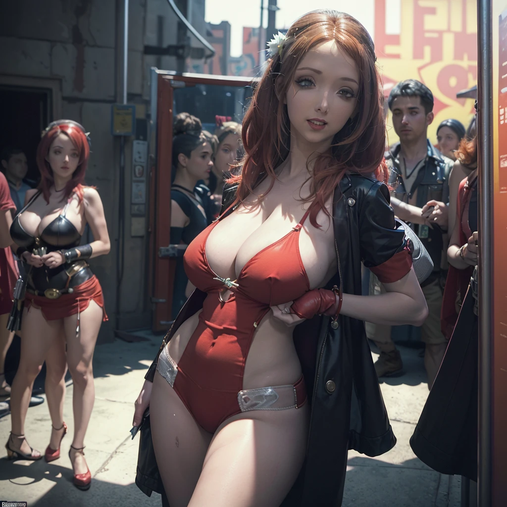 (a lovely woman in cosplay as Cowboy BeBop Fay Valentine with red hairband,holding a pistol),comic convention,illustration,cartoon style,high saturation colors,beautiful detailed eyes and face,long red hair,smiling expression,casually dressed,unique clothing,futuristic setting,excited atmosphere,vibrant background,cosplayers in other costumes,eye-catching,attention-grabbing,interactive environment,cosplay contest,creative make-up,playful poses,dynamic composition,energetic poses (best quality,4k,highres:1.2),ultra-detailed,realistic,artistic lighting,strong contrast,shaded areas,pop art style,comic book feel,sharp lines,stylized characters,brilliantly colored,animated experience,stylized scenery,happy vibes)