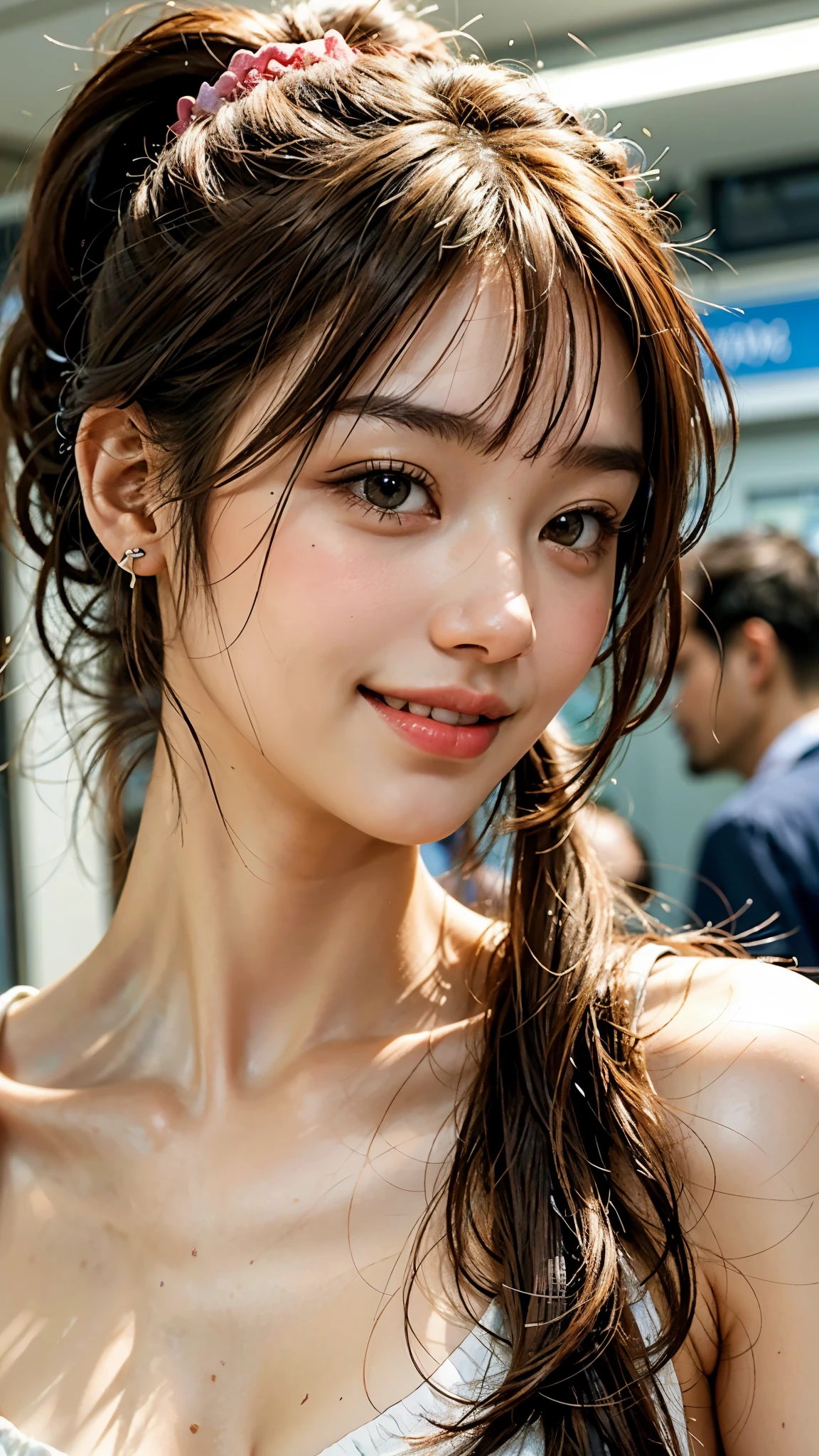 highest quality, masterpiece, Ultra-high resolution, (Realistic:1.4), (Facing portraits) RAW Photos, 1 girl, 20-year-old,((Sexy one piece swimsuit)),Disheveled Hair,((Ponytail and hair tie)),((Look up at the audience)),Realistic,((Random Background)), Image Media Chest)),((Smiling with teeth showing)),