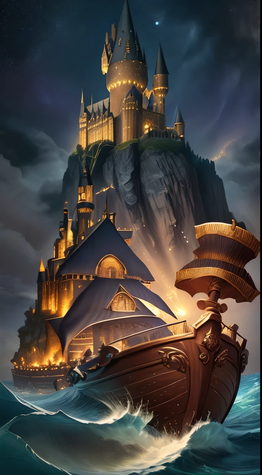 Best texture, high quality, 超HD, 8K, Full body image, Panorama, Super detailed face, actual, Very detailed, high detail, Ultra-clear,night sky，The waves have a boat in front，spray，There is a castle on the island. There are treasures and gold everywhere in front of the castle.，Explorer with backpack and sickle in hand standing next to treasure，HD，Details deepened，magic，dream，Magic Style，Harry Potter style
