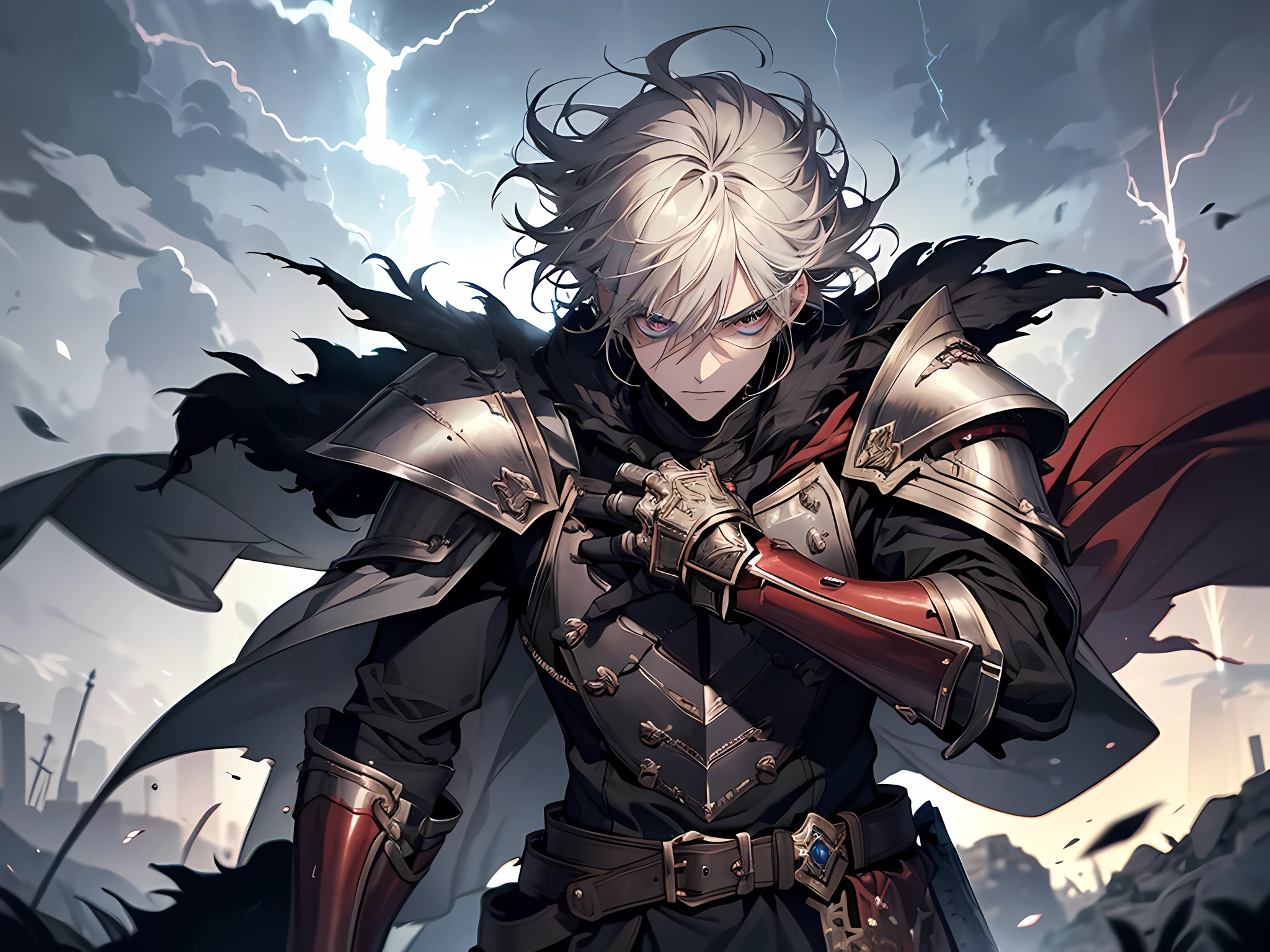 (masterpiece:1.2), (best quality:1.2), extremely detailed, cowboy shot, action shot, 1boy, man, mephiston, long white hair, vampiric features, muscular, tall stature, foreboding, glowing eyes, blue eyes, cybernetic attachment, blood red armor, gold trimmings, skull pauldron, tabard, torn cape, gauntlets, black fur, plate armor, full armor, left hand holding gun, right hand holding giant sword, casting lightning magic, in the middle of battle, red lightning, thunderstorm background, horror-esque scenery, detailed face, detailed eyes, extremely detailed eyes, half-body illustration