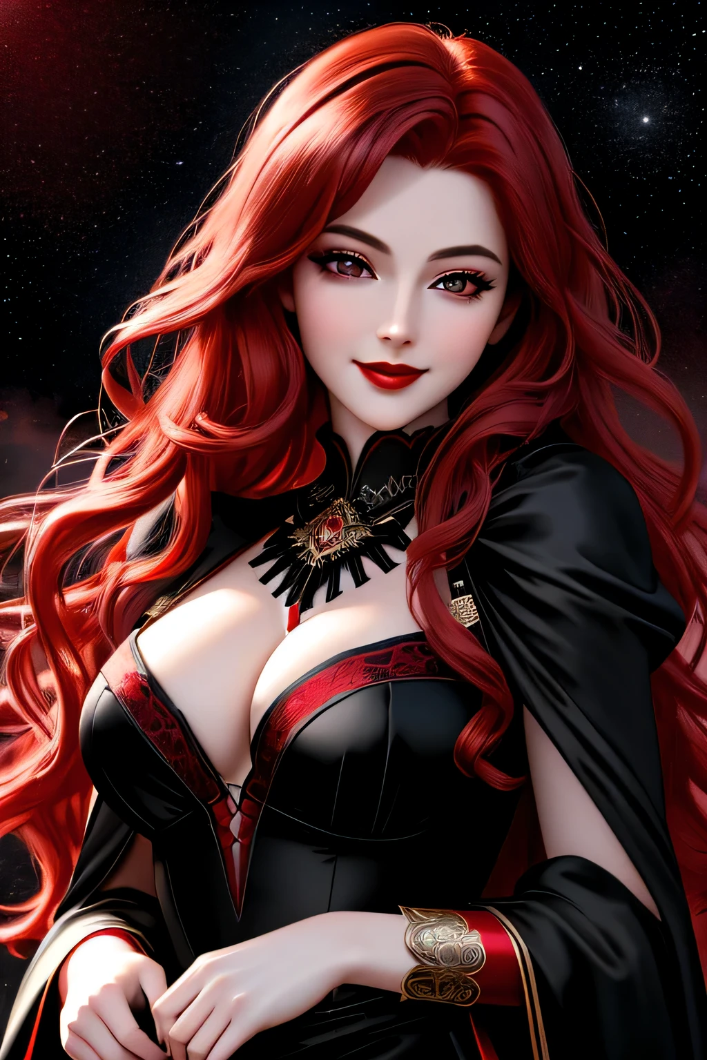 (Masterpiece, Best Quality:1.3), absurdres, (8k resolution), illustration, ((outline, thick lineart)), (faux traditional media:1.3), looking at viewer,(masterpiece,best quality),HDR,high-definition,[[Intricate Details]],cinematic,photorealisticportrait shot, ((vivid red hair)), mature woman, 30 years old, diamond face, moonlight, red starry sky background, depth of field, magic, big red lips, ((dark black eyes)) black and red long and full dress, covered chest, mystical atmosphere, smile expression, posing, taut and well defined body, attractive. Highly realistic, pale skin, beautiful, hyperrealism, skin very elaborated, direct gaze
