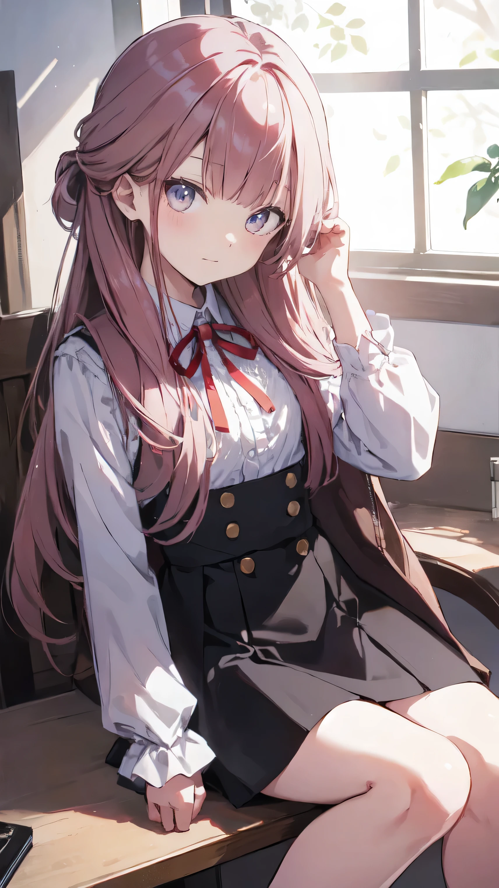 master piece、Highest image quality、highest quality、 ((panic))、glossy hair quality、small face、sitting、Super detailed and beautiful bright eyes、Super detailed clear and beautiful face、(cute illustration:1.2), High-resolution, ultra-detailed, best quality, embarrassed、(Skirt gaps)