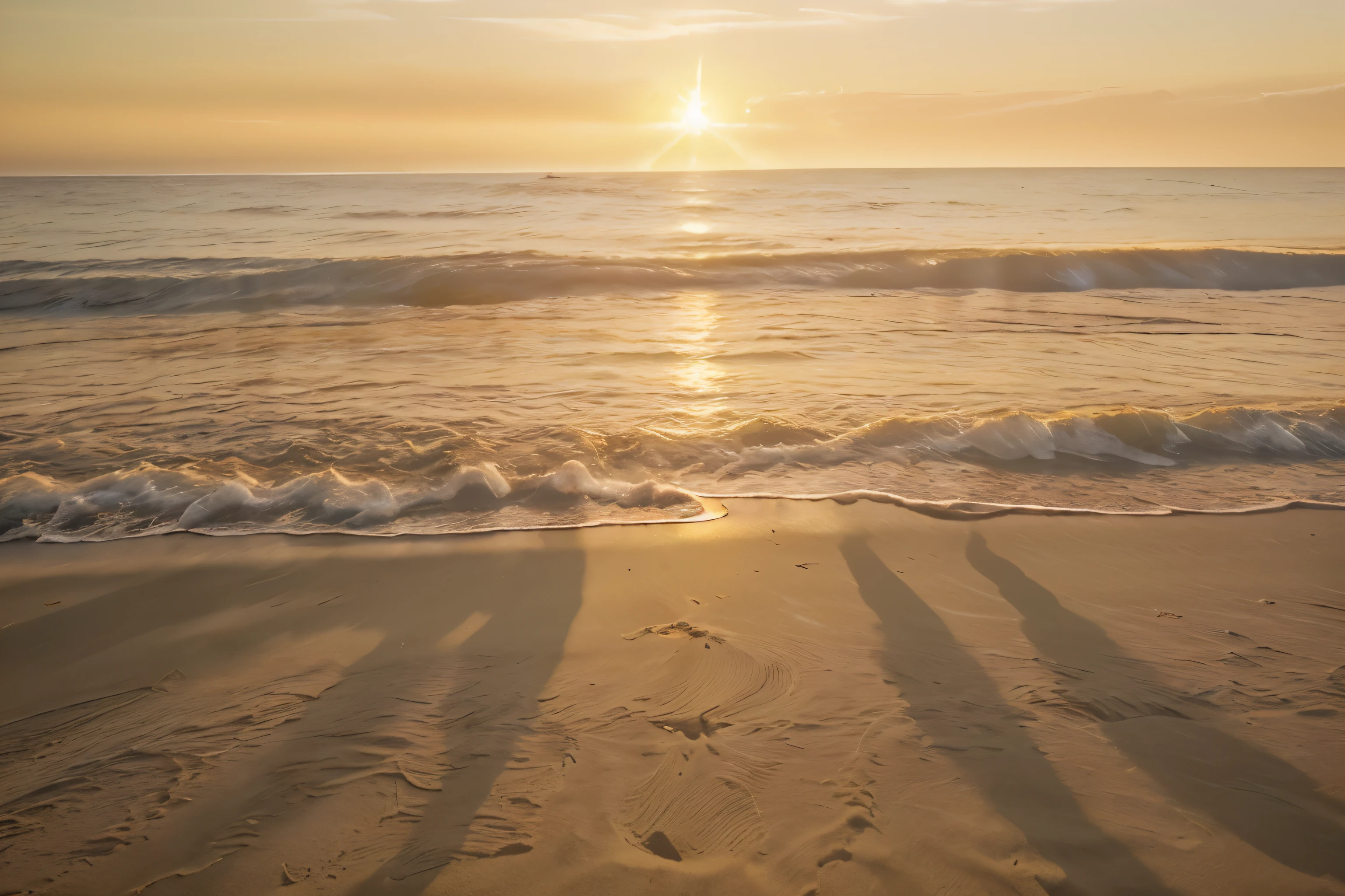 Vividly vibrant summer scenes bursting with energy and warmth, every detail exudes the essence of the season: sun-kissed hues of gold and coral, lush greenery teeming with life, and azure skies stretching endlessly overhead. The primary subject of this image is a serene beach at sunset, captured in a stunning photograph. The soft, golden light bathes the scene in a hazy glow, casting long shadows on the sand and gently caressing the gentle waves lapping at the shore. This high-quality image beautifully captures the peaceful tranquility and beauty of a summer evening by the sea.
