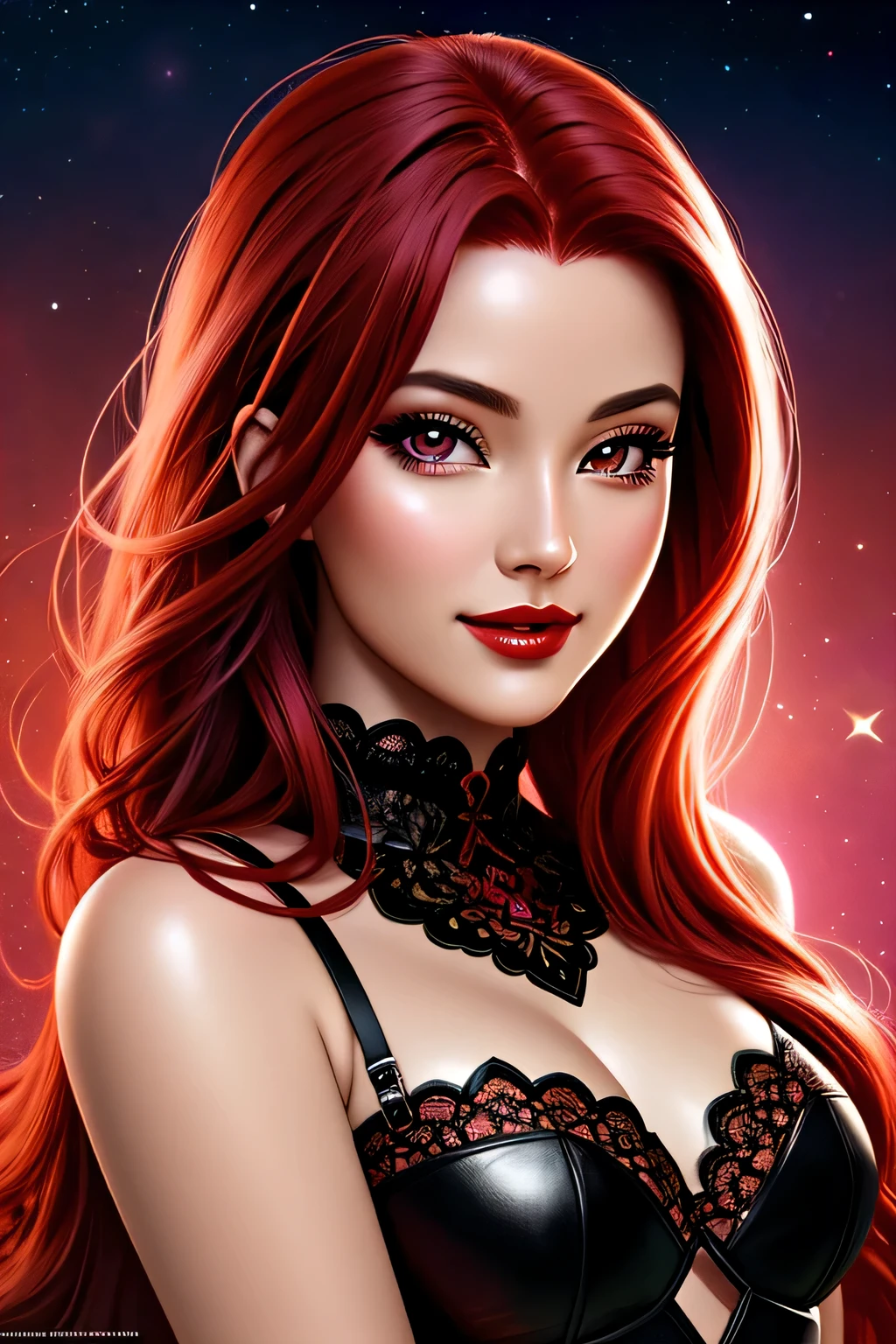 Portrait, beautiful woman with vivid red hair hair and a silky red dress, hourglass figure, symmetrical figure, highly detailed face, beautiful face, calming black eyes, lush red lips, smiling, alluring, stunning digital illustration, cosmic fantasy background, beautiful digital artwork, magenta lighting, glossy digital painting, gorgeous digital art, 4k detailed digital art, beautiful digital illustration, 4k highly detailed digital art, beautiful digital art, realistic digital art 4k, realistic digital art 4k, airbrush digital art