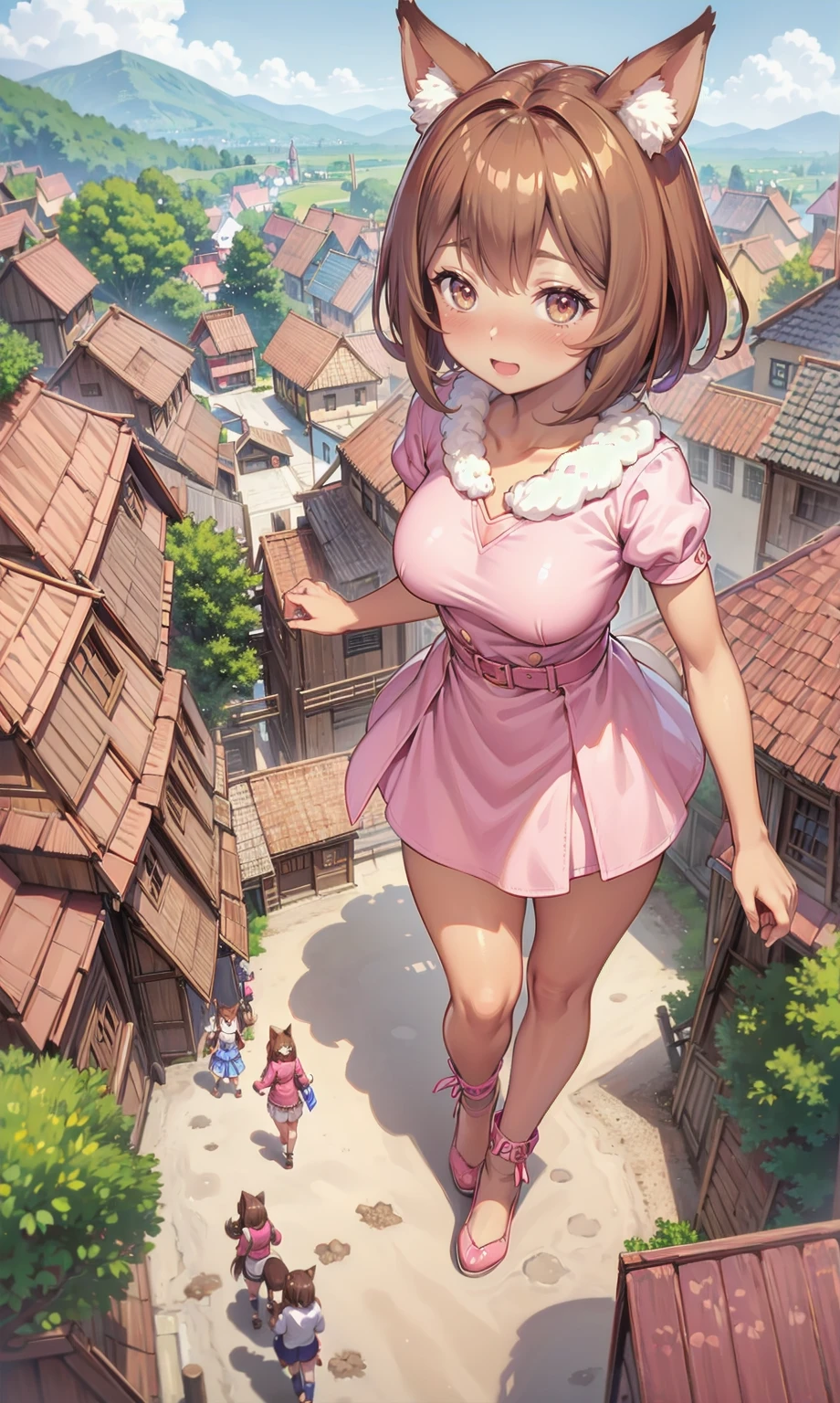 breasts and face, cute pink outfit, brown skinned, catgirl, fluffy ears, brown eyes, brown hair, (giantess catgirl walking: 1.2), (tiny crowds of people), village, fantasy village, (crowds of people around a giant catgirl), tall, mature, (:3), happy, blushing, very happy,