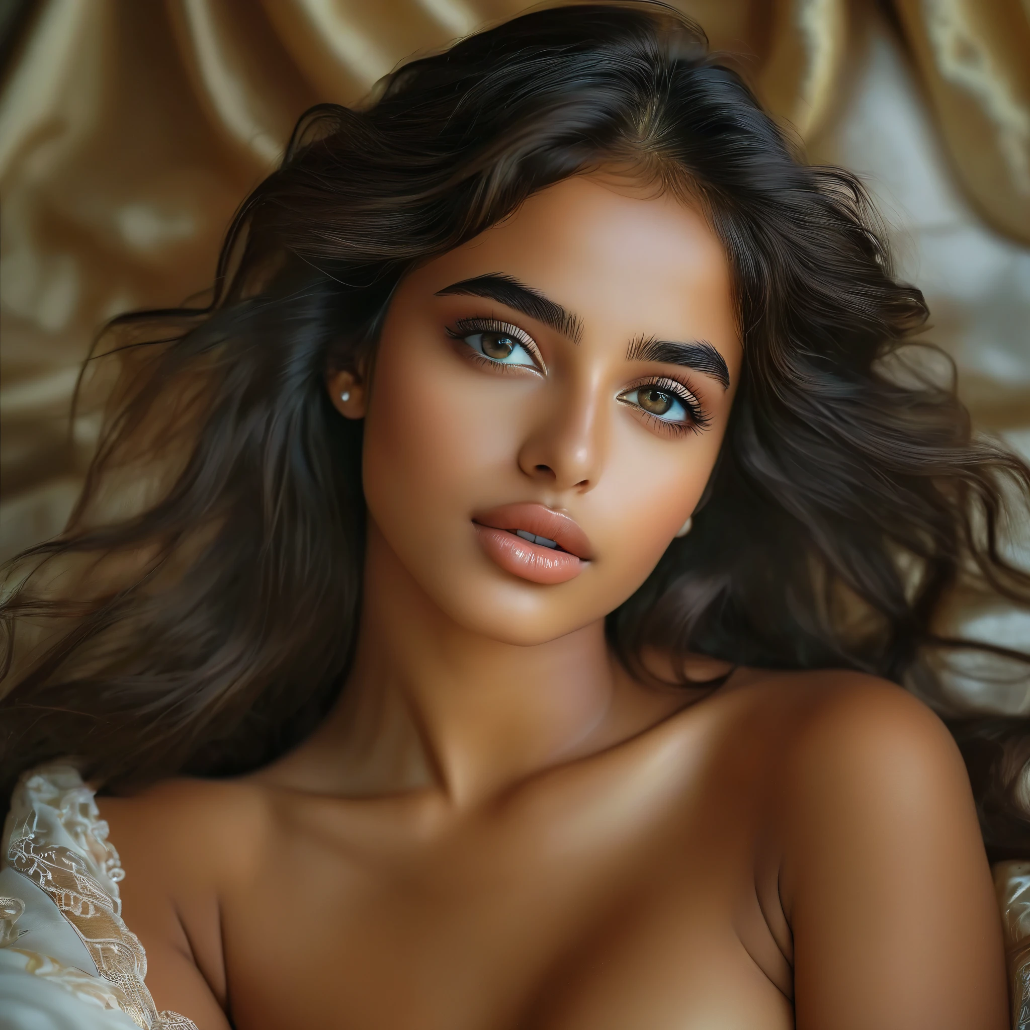 (best quality,4k,highres:1.2),ultra-detailed,(realistic,photorealistic:1.37),nude portrait, nude artwork,The most beautiful and innocent 15-year-old Saudi Arabian girl, untouched beauty, breathtakingly detailed features, natural beauty, raw and pure, captivating female gaze, delicate skin, flawless complexion, expressive eyes, rosy lips, flowing silky hair, gentle and graceful pose, soft natural light, artistic composition, sensuality, artistic nudity, harmonious colors and tones, intimate atmosphere, super detailed moist skin, hyper detailed iridescent eyes, dark circles, (Beautifully raised areola:1.5), (NSFW:1.3)