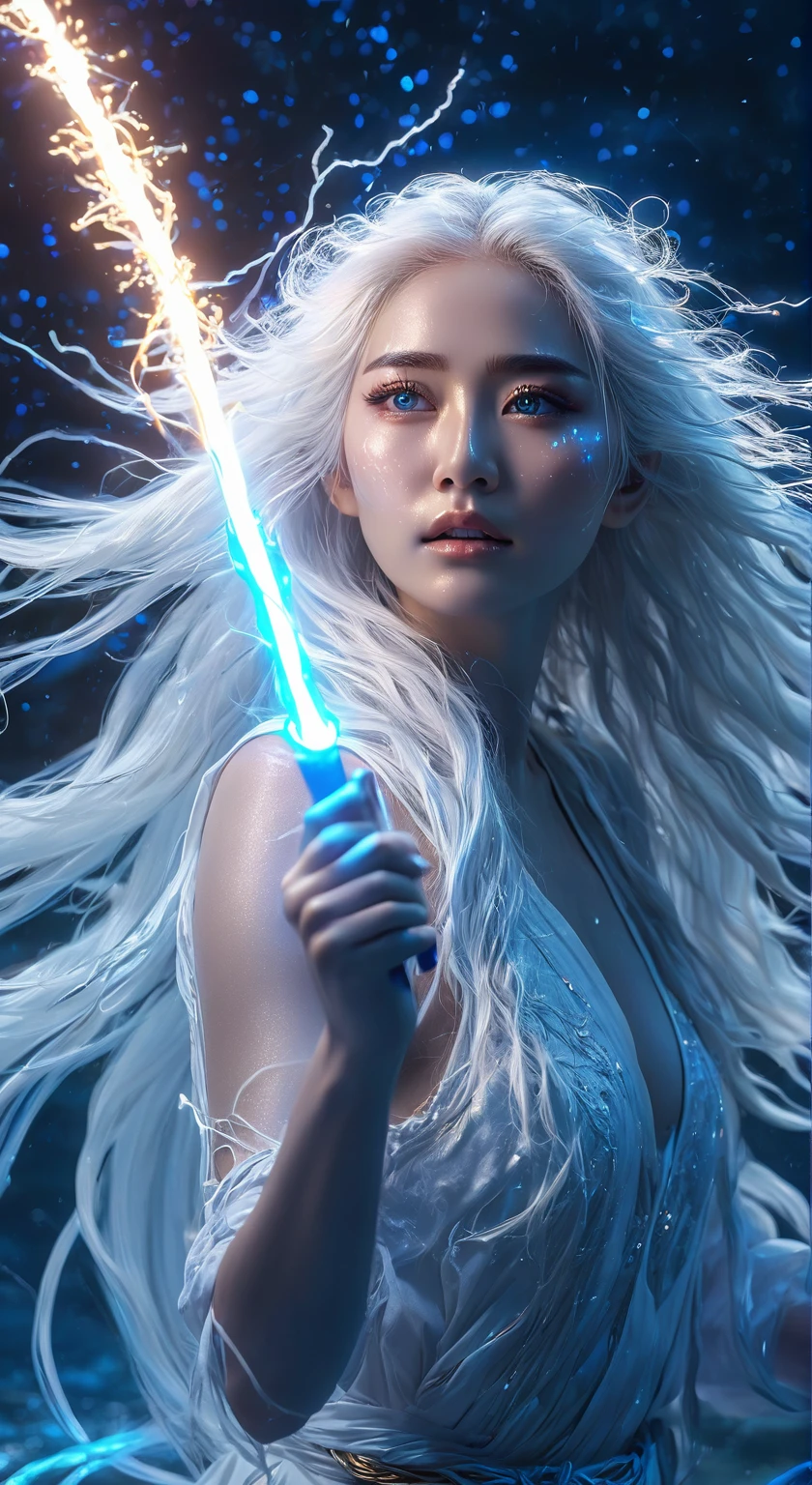 cosmic fallen angel, Holding a glowing stick,long white hair,Veins pop out on the face,shining blue light eyes,eyes shine, biomechanics, Spooky, spooky, Nightmare, Very bright color, particles of light, The light shines, Musif, wallpaper art, uhd wallpaper,Background lightning,Lightning on the ocean background,In the storm,Mr.々Nakami々is powerfully depicted。They are the forces of nature and people.々Symbolizing the faith of、It expresses the mystery and sacredness of the sea.。