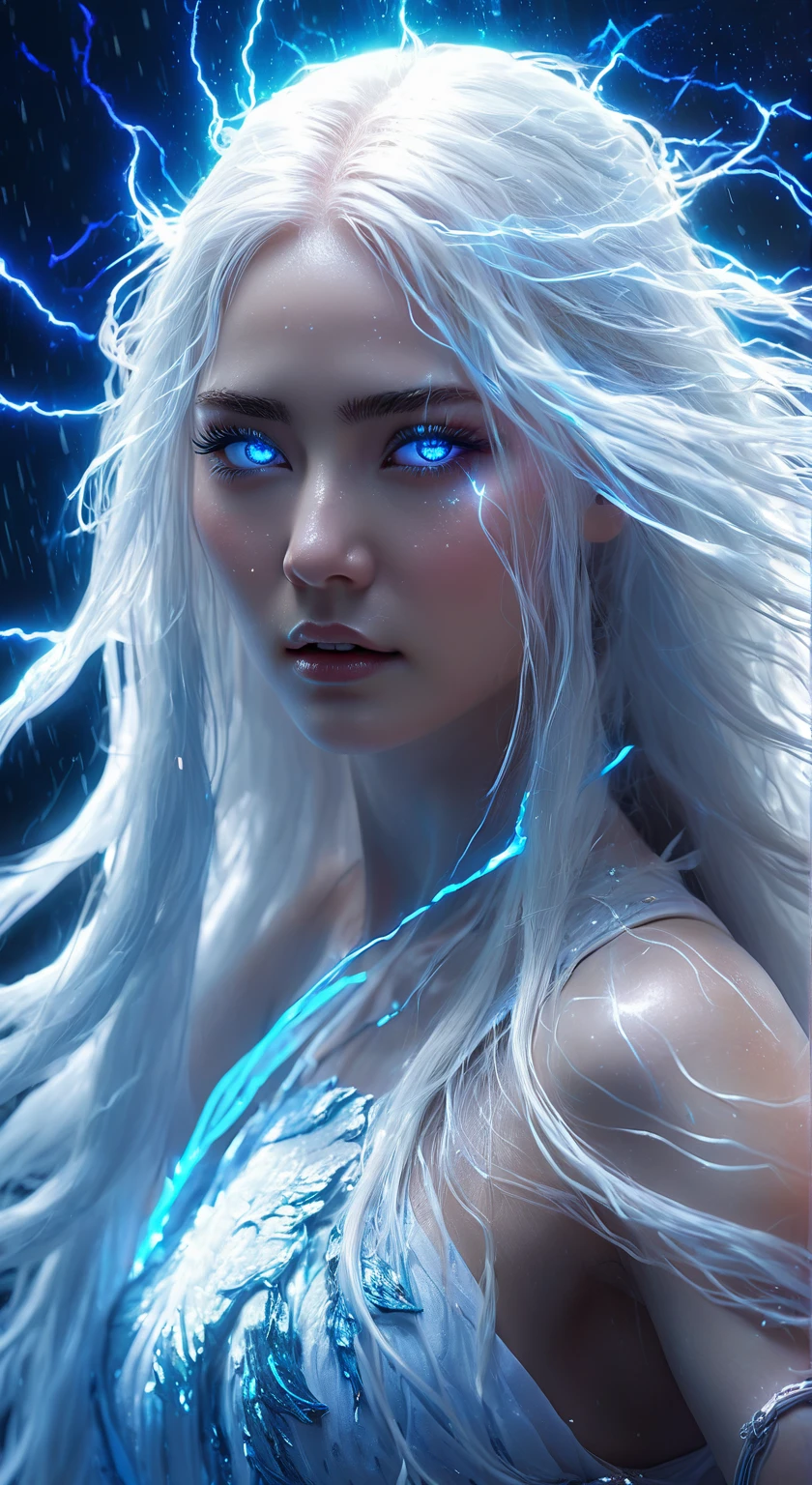 cosmic fallen angel, Holding a glowing stick,long white hair,Veins pop out on the face,shining blue light eyes,eyes shine, biomechanics, Spooky, spooky, Nightmare, Very bright color, particles of light, The light shines, Musif, wallpaper art, uhd wallpaper,Background lightning,Lightning on the ocean background,In the storm,Mr.々Nakami々is powerfully depicted。They are the forces of nature and people.々Symbolizing the faith of、It expresses the mystery and sacredness of the sea.。