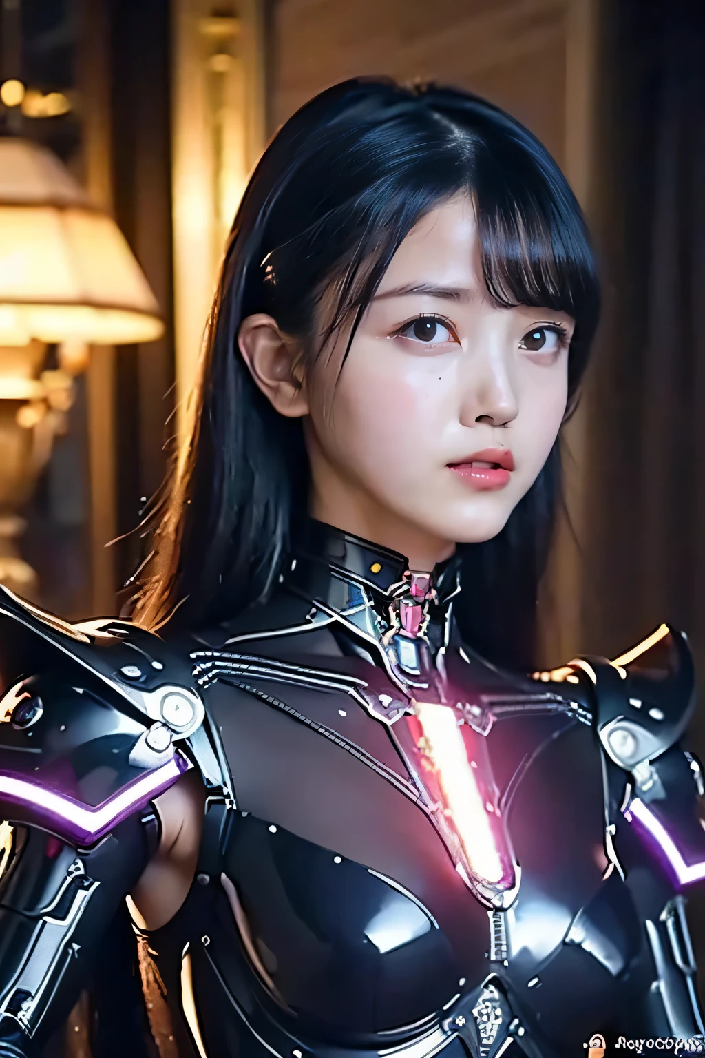 ((close)), highest quality, masterpiece, ultra high resolution,(small breasts:1.4), (realistic: 1.4), Raw photo, 1 girl, black hair, Glossy skin, 1. Mechanical Girl, (Super realistic details)), portrait, global illumination, Shadow, octane rendering, 8K, super sharp, Glossy skin, realistic skin, big, Cleavage exposed raw skin, Metal, Exquisite decorative details, steampunk detail, Very intricate details, Realistic Light, CG Society Trend, purple eyes, shining eyes, towards the camera, neon details, mechanical limbs, blood vessels connected to tubes, mechanical vertebrae attached to the back, Mechanical cervical attachment to the neck, sitting, Wires and cables connecting to the head, Evangelion, small led lamp, The background is a futuristic server room,