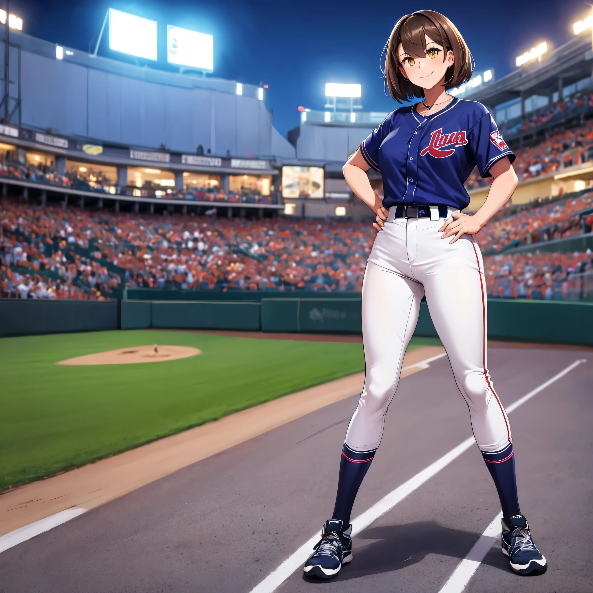 A woman wearing a baseball uniform, in a baseball stadium with baseball players, short brown hair, yellow eyes, smiling, lighting in the baseball stadium, at night, full body.HDR, ultra resolution, well defined, masterpiece, 8K HD. (solo woman)
