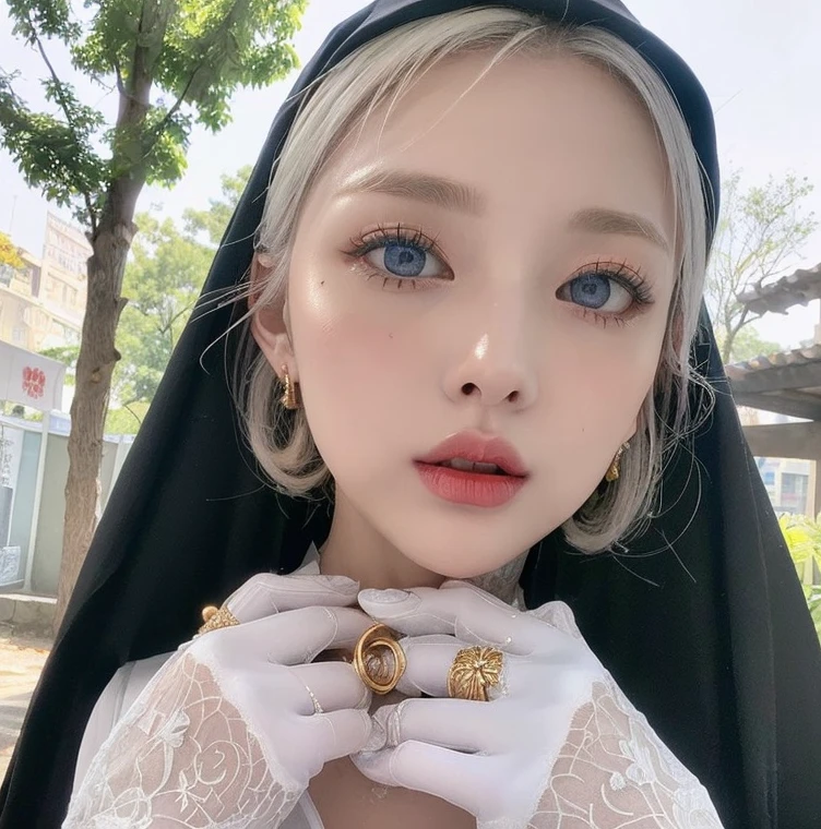 1 miniature Beautiful beautiful woman - Yuan Sayuki, ((top quality, 8K, Masterpiece:1.retty woman, 1 woman, huge breasts:1.3, a slim body:1.1, lush white short hair, (shower, wet body, wet clothes:1.1), very detailed face, detailed lips, detailed eyes, double eyelids, Detailed blue eyes, чрезвычайно Detailed Outstanding Blue Eyes, short white wet hair, white wet hair, Detailed Outstanding Blue Eyes, innocent look at the viewer, very wet wavy white hair, Detailed Outstanding Blue Eyes, huge cross earrings, Outdoors, badges behind, gothic wedding uniform, sexy gothic style wedding dress with veil, bare chest, huge chest tattoo wearing a wreath, detailed huge catholic cross earrings, chest tattoo, Outside - there are trees and a buddhist temple in the background, wear a silver cross (Detailed cross shape), reality mode, wet breasts, black necklace, black wedding dress and black veil, human crowd behind, head/forehead chain veil, black latex gloves, naked breasts, naked breasts, naked nipples, hair of white snowy colour, night time, red neon lights, demonic nun, nimbus (golden lighting ring above her head), angel