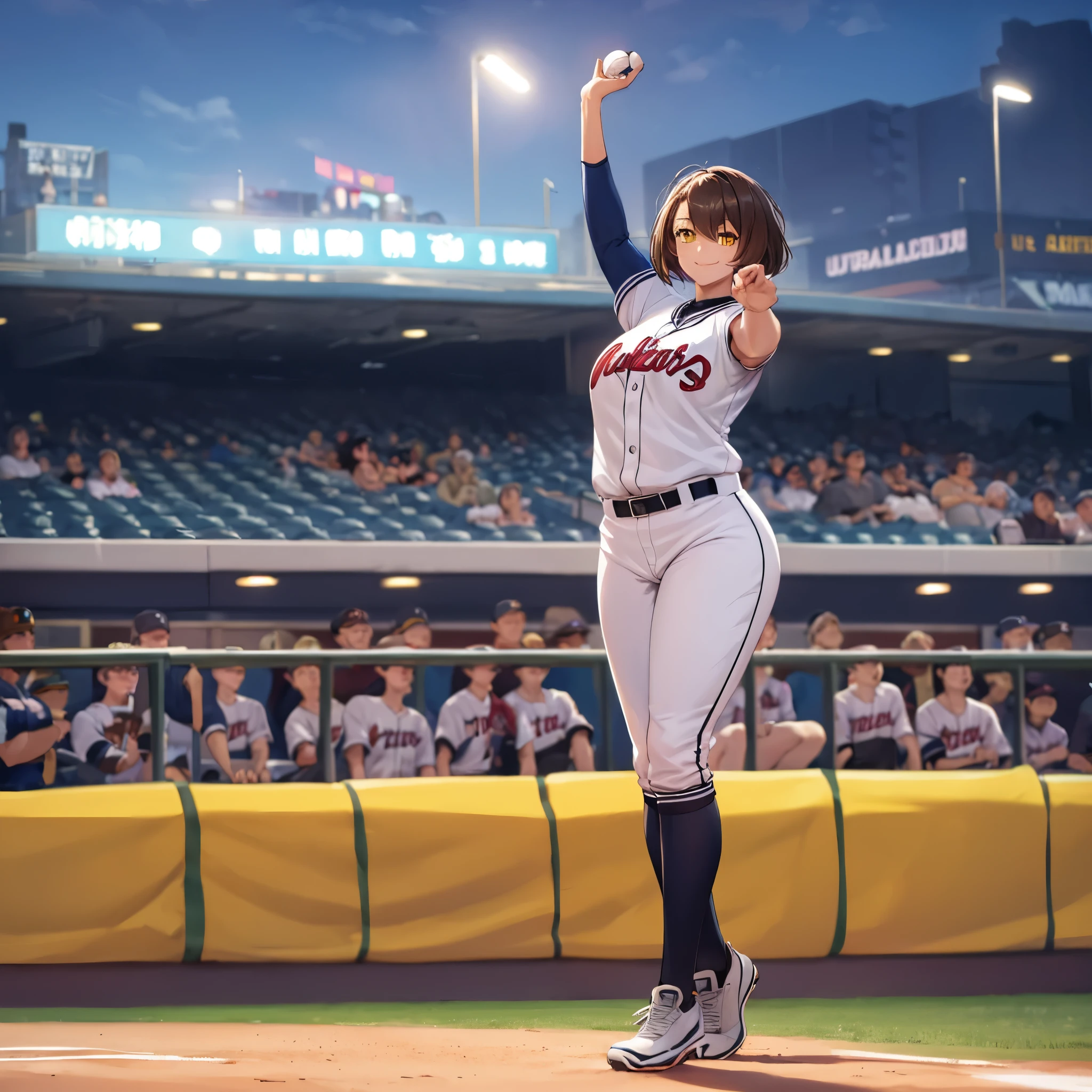 A woman wearing a baseball uniform, in a baseball stadium with baseball players, short brown hair, yellow eyes, smiling, lighting in the baseball stadium, at night, full body.HDR, ultra resolution, well defined, masterpiece, 8K HD. (solo woman)
