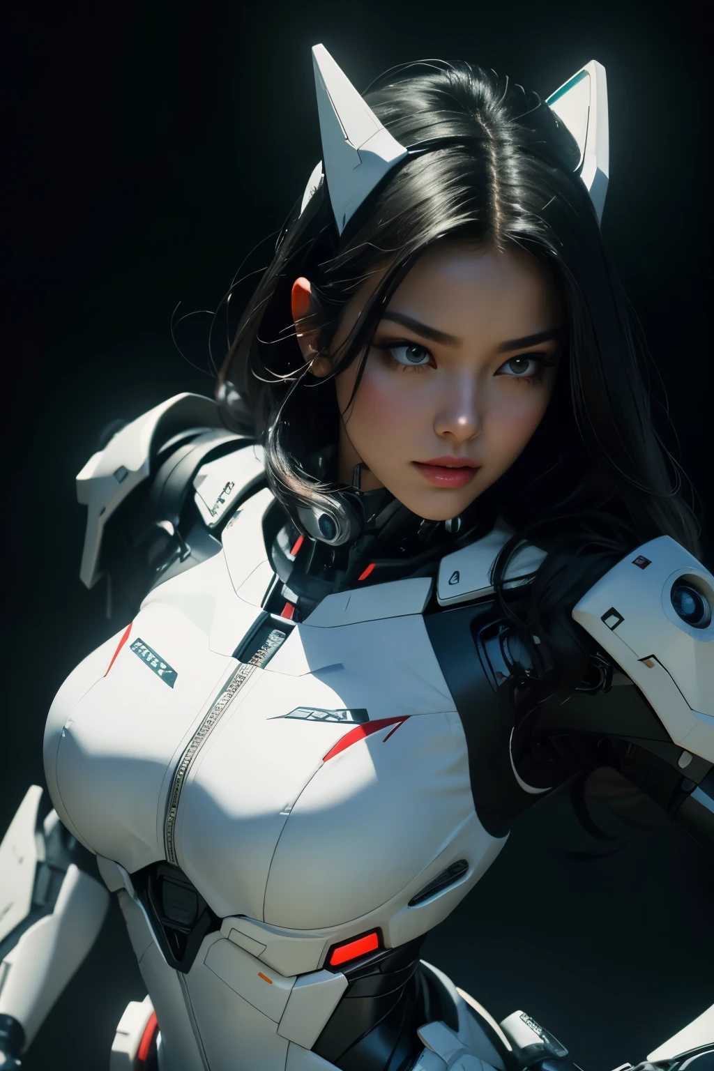 Mega Fox,When you  a young woman,She wears red lipstick,black hair,wear a dress ((White hi-tech boxer suit)) ,she wears a collar,((cybernetic body)),In the future world,amazing night,sci fi,city at night,  realistic skin, incredible light, ultra realistic,complicated, Sharp focus, Ray Tracing, rtx, Professional photography, Masterpiece, very detailed, High quality, best quality, big breasts,She breast size is M cup, full body, she very sexy, she have perfect body, she so beautifully,She have good eyes,She is full of charm,close up,