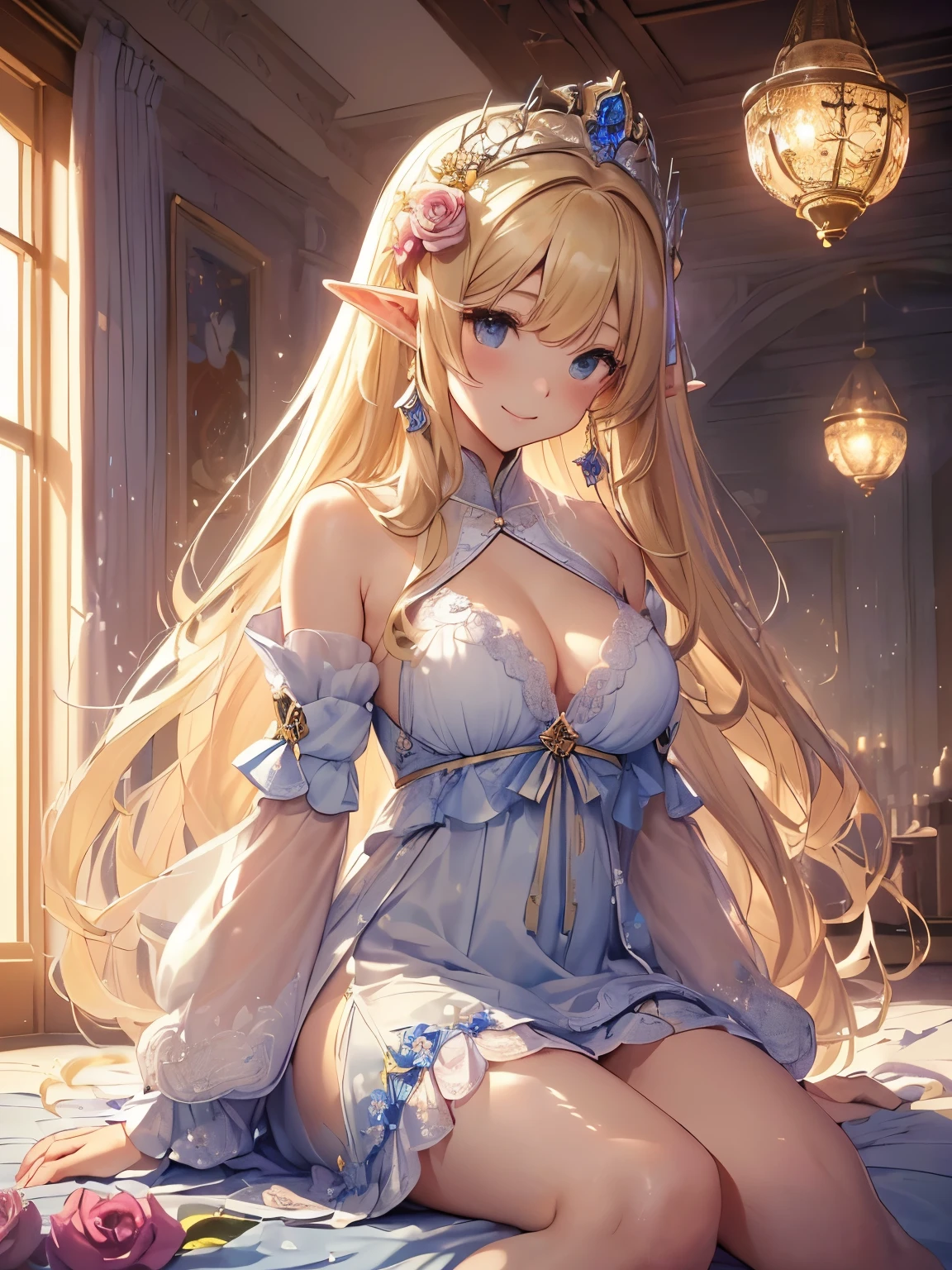 best quality、Highest image quality、masterpiece、pretty face、、Titanium dioxide、Super beautiful elf beauty((22 years old OL big breasts、Bust 90,Beautiful long permed hair、Blonde、high: 165cm。thin and long、Sexy、Esbian、Beautiful headdress、night、high quality、美しいArt、nice bed、Canopy、Sky curtain、Pianfei、ビジュアルArt、Depth of writing boundaries、、Elf ears、、Lightのmagic、universe、Happy smile、穏やかなLight、Elf Forest、樱flower、、elegant、Stock Quotes Beautiful Decoration、marbled columns、mural、Mosaic floor、mystery Rosa、Rose、flower瓶、magicのflower、flowerを作るmagic、Light、 Sky、Beautiful dress、Beautiful Deresis、Art、Lord of the Rings、Spectacular views、Sexy、Friendly Smile、extremely good、樱flower、舞い散るflowerびら、樱flowerのflower、universeのmagic、magicのLight、fantasy、flower、super REALITYたくさんのRose、magic、Indoor decorations、Many tapestries、Grow fantasy、、mysteryのLight、Florence、Rome、Byzantine、reproduction、新Art风格、alphonse a lot of、、Art、Art,mystery,ultra high definition,magicalgentle light,Sexy、