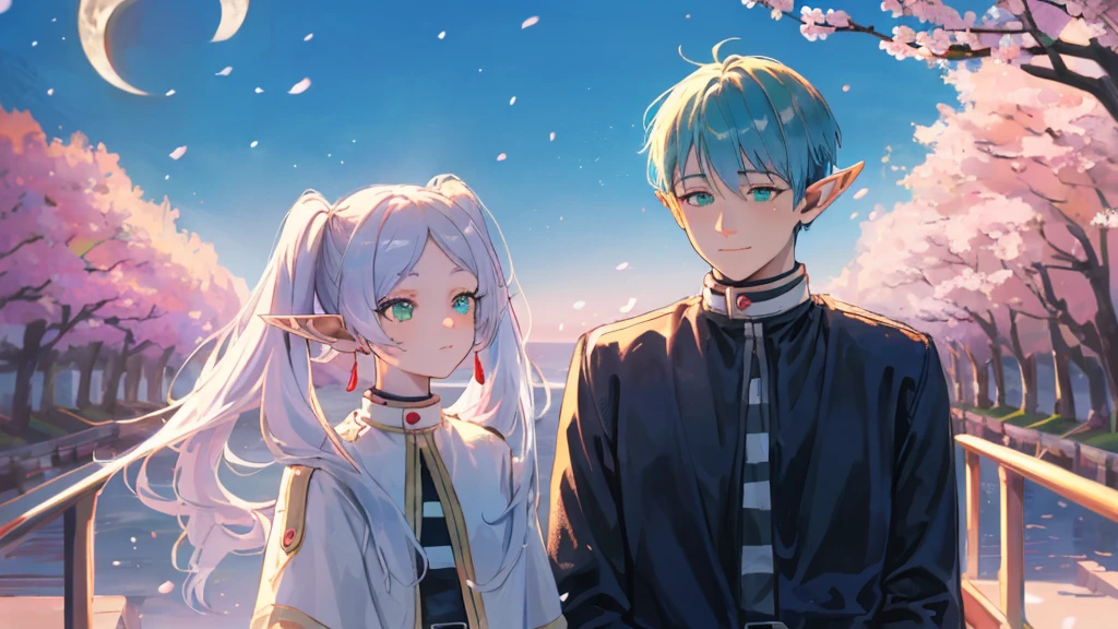 ((highest quality, super detailed girl and boy:1.3))BREAK,(White hair,elfs ears,green eyes,shining eyes, absurdly long long twin tail:1.3),BREAK,(boy is Blue hair:1.3),BREAK,(boy and girl walking side by side:1.3),(landscape photography:1.2), (highly detailed background:1.2),(look up, cherry blossoms, cherry blossom,standing, midnight, moon:1.3),(1 girl,1 boy:1.3),from side,from above,girl is expressionless, boy is smile