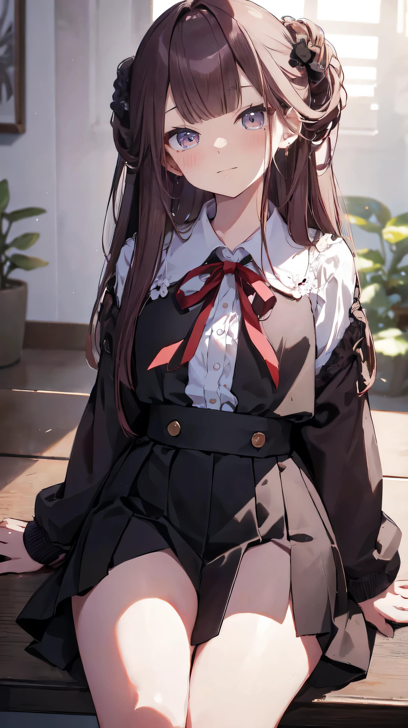 master piece、Highest image quality、highest quality、 ((panic))、glossy hair quality、small face、sitting、Super detailed and beautiful bright eyes、Super detailed clear and beautiful face、(cute illustration:1.2), High-resolution, ultra-detailed, best quality, embarrassed、skirt、(thighs)