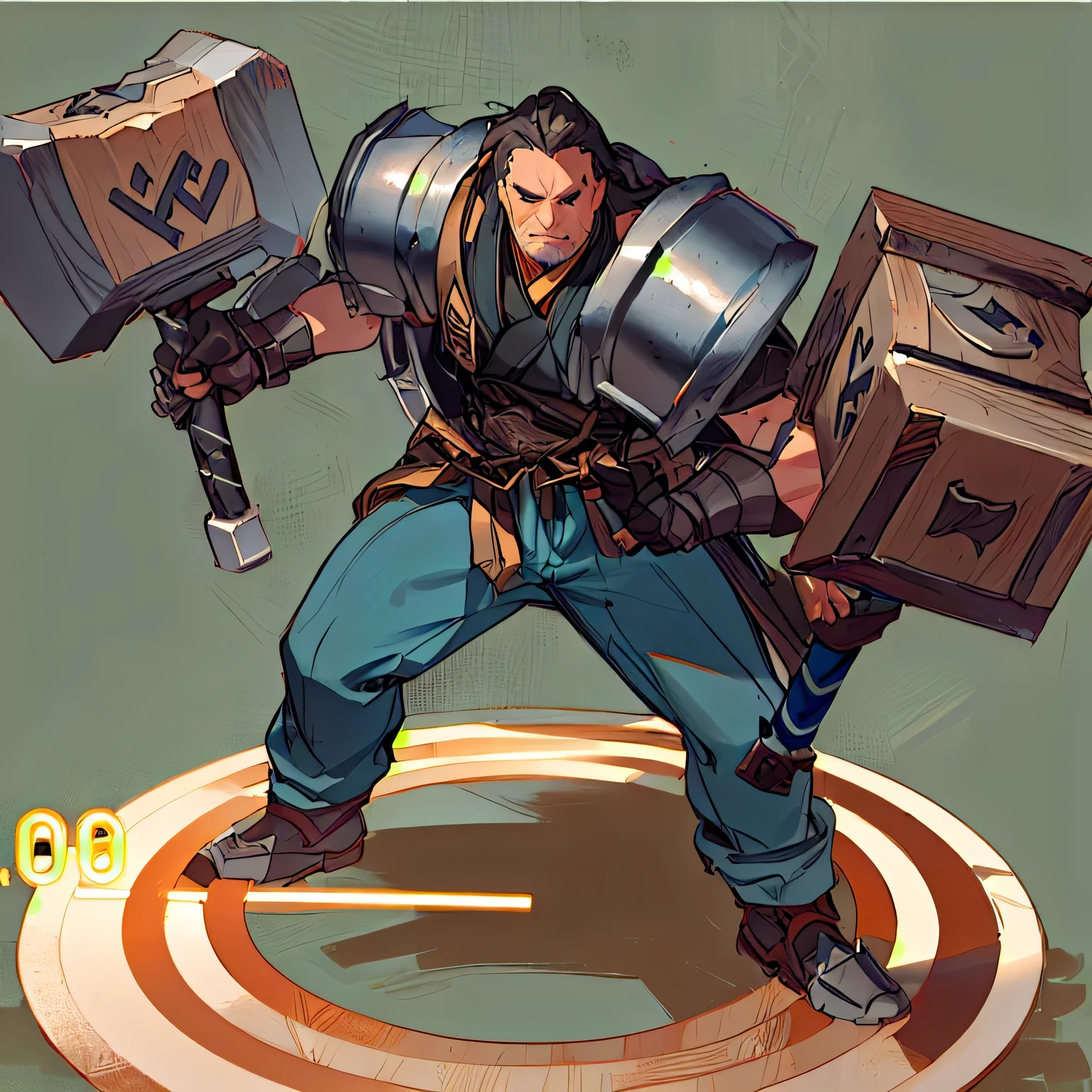 Close up of man holding hammer and shield, Wielding a huge axe, looks heavy, Character Posing, A Giant hammer in each hand, heroic character, Heavy weapon guy, Giant hammer,gray armor,Gray pants