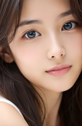 (((32ｋ,high details,high detail、masterpiece,attention to detail,alone))),Raw photo & realistic atmosphere,beautiful dark blue eyes,detailed mouth,glossy lips,thin eyebrows,fine eyes、Soft white skin that shines in every detail、sheの深い黒色の目はとても美しいです,Lip details、very beautiful face,very well-groomed face、lifelike face,Beautiful, shining lips,beautiful eyebrows,infinite reality, Realistic young gravure idol,she&#39;she&#39;she&#39;she&#39;she&#39;very cute woman , young gravure idol, young gravure idol, とても美しくてかわいいBeautiful 21 year old girl,Incredibly beautiful and elegant，Beautiful 21 year old girl,natural soft light,（shiny hair,,Beautiful and kind eyes：1.5）,gentle smile,well-shaped chest,medium long hair,Tying up hair,Beautiful posture,no makeup,look ahead,
