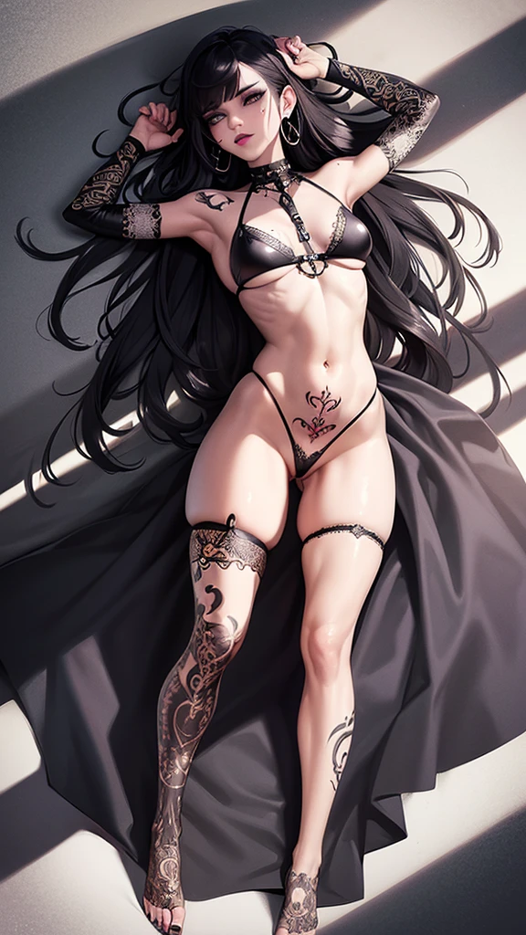 ((Masterpiece)), Photorealistic, sexy tattooed goth girl, perfect smooth white skin,seductive sexy face, seductive sexy facial expression, long voluptuous black wavy hair, black eyebrows, black eyeliner, black eye shadow, large detailed eyes, detailed Florence hazel eyes, curved lips, black lipstick, lip piercing, detailed gothic earrings, black gothic choker collar, neck to shoulder gothic lace, fullbody tattoo,tattooed beast, tattoo on back, tattoo on Sternum underboob, tattoo on arms, tattoo on legs, tattooed ass, symmetrical perfect voluptuous breast, nipple piercing, small areolas, small hard little nipples, slim waist, curved hips, clean shaved pussy, pussy piercing, seductive sex slave,