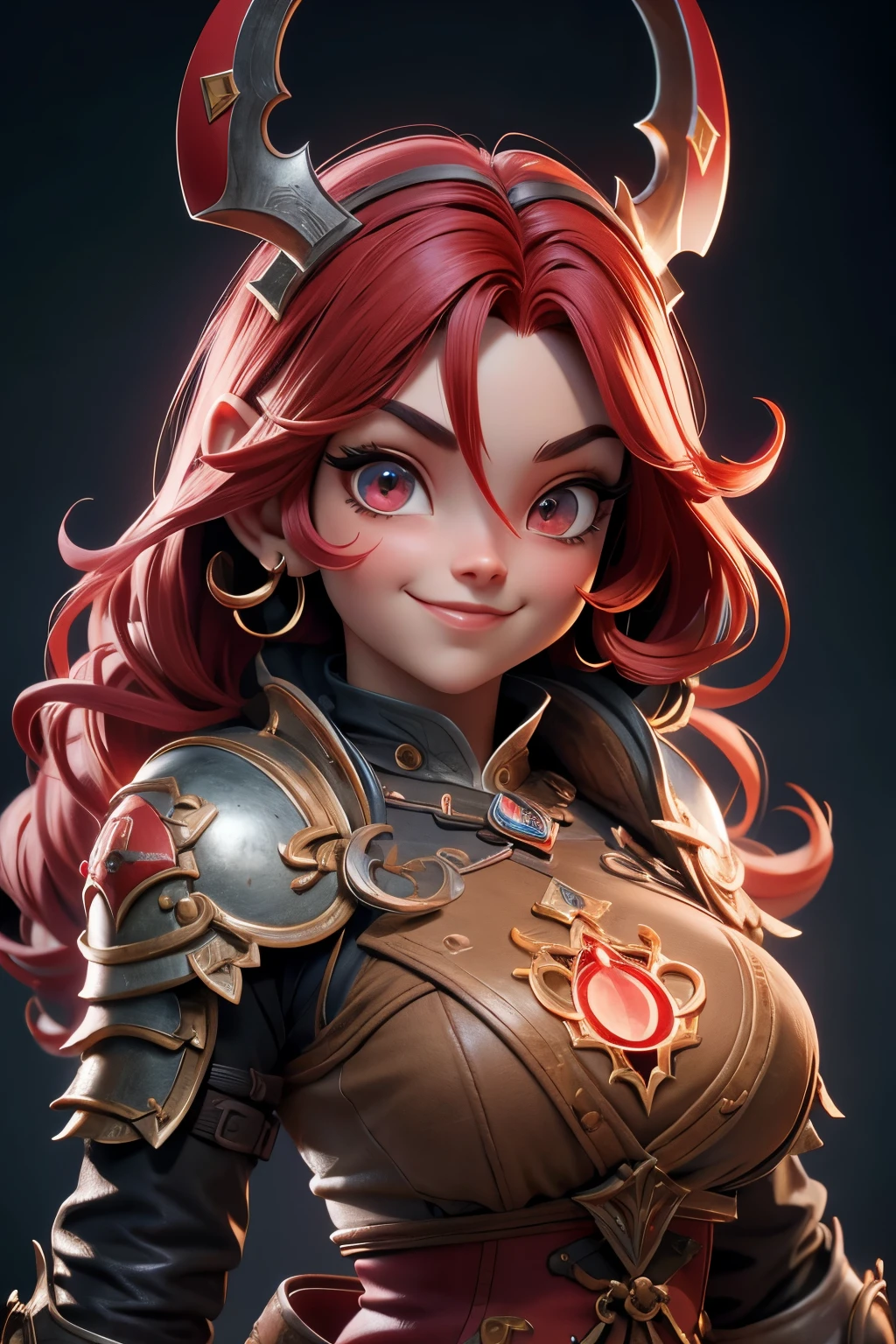 Hermosa cabeza femenina vikinga, pelo rojo, disfraz de guerrera vikinga, en globo de nieve, sonrisa suave, Lindo retrato de cuerpo entero, figura esbelta de pie, Personaje de dibujos animados, personaje de pixar, medieval, Renderizado 3D, symatic lighting, Trazado de rayos. Rojo crujiente, luz radiante, bosque misteriosa, (la mejor calidad, 8K, high resolution, obra maestra:1.2), caprichoso.