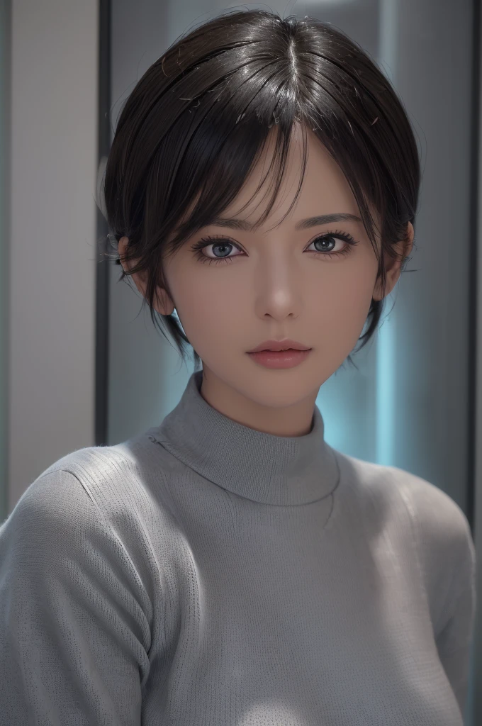 (masterpiece:1.3), (8k, photorealistic, RAW photo, best quality: 1.4), (1girl), beautiful face, (realistic face), (black hair, short hair:1.3), beautiful hairstyle, realistic eyes, beautiful detailed eyes, (realistic skin), beautiful skin, (sweater), absurdres, attractive, ultra high res, ultra realistic, highly detailed, golden ratio