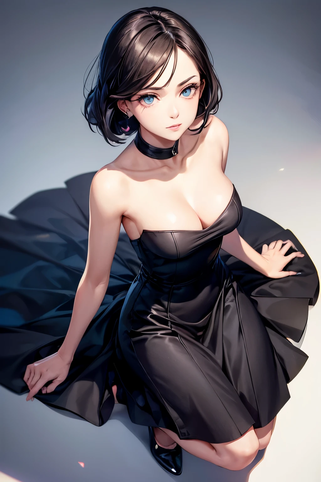 Stylish woman in a short and elegant dress, sleek silhouette, make-up, master piace, high resolution, from above 