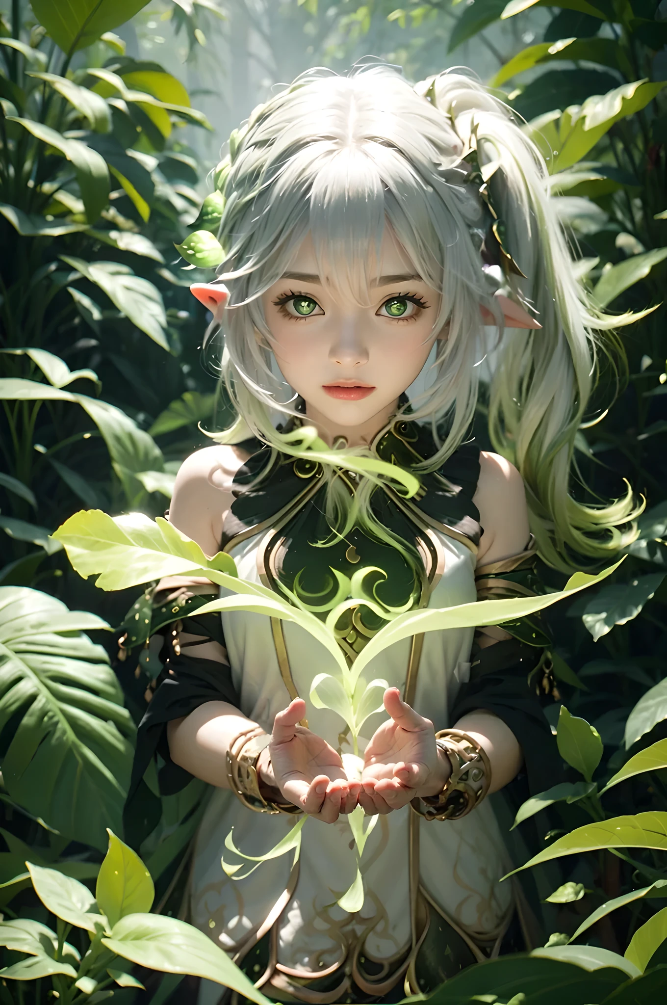 side ponytail, ((nahida \(genshin impact\))),<lora:nahidaGenshinImpact_nahidaGenshinImpact:1>, (((Kpop idol))),aegyo sal,multicolored hair,((hair between eyes)),white hair,green hair,green eyes,((pointy ears)),((flat chest)),(photorealistic:1.4),(masterpiece:1.4),(best quality:1.4),1girl, solo,ultra high res,((detailed facial features)),upper body, small hands,