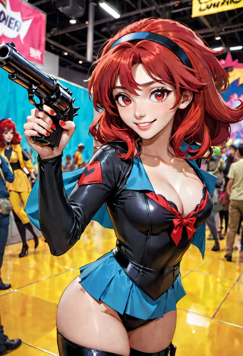 (a lovely woman in cosplay as Cowboy BeBop Fay Valentine with red hairband,holding a pistol),comic convention,illustration,cartoon style,high saturation colors,beautiful detailed eyes and face,long red hair,smiling expression,casually dressed,unique clothing,futuristic setting,excited atmosphere,vibrant background,cosplayers in other costumes,eye-catching,attention-grabbing,interactive environment,cosplay contest,creative make-up,playful poses,dynamic composition,energetic poses (best quality,4k,highres:1.2),ultra-detailed,realistic,artistic lighting,strong contrast,shaded areas,pop art style,comic book feel,sharp lines,stylized characters,brilliantly colored,animated experience,stylized scenery,happy vibes)