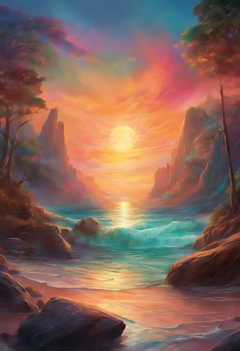 Front view of the scene in close-up scaled in high relief; details in 8k; precision in details; alcohol-based ink, vibrant colors, perspective view, centered, lines in perspective; Wood splash; high contrast of gloomy colors; The main theme of the image is a sunset, reflecting in the sea at the beach with clear sand and colored stones; bright and clear colors; This breathtaking scene is captured in a realistic and exquisitely detailed image, where each brushstroke captures the dynamic energy and otherworldly beauty, pastel illustration, professional illustrator, gothic style, ink and watercolor paintings, a backdrop of glowing nebulae. The richness of colors and depth of detail immerse viewers in a mesmerizing spectacle that transcends the limits of reality.