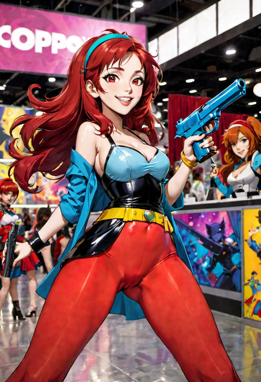 (a lovely woman in cosplay as Cowboy BeBop Fay Valentine with red hairband,holding a pistol),comic convention,illustration,cartoon style,high saturation colors,beautiful detailed eyes and face,long red hair,smiling expression,casually dressed,unique clothing,futuristic setting,excited atmosphere,vibrant background,cosplayers in other costumes,eye-catching,attention-grabbing,interactive environment,cosplay contest,creative make-up,playful poses,dynamic composition,energetic poses (best quality,4k,highres:1.2),ultra-detailed,realistic,artistic lighting,strong contrast,shaded areas,pop art style,comic book feel,sharp lines,stylized characters,brilliantly colored,animated experience,stylized scenery,happy vibes)