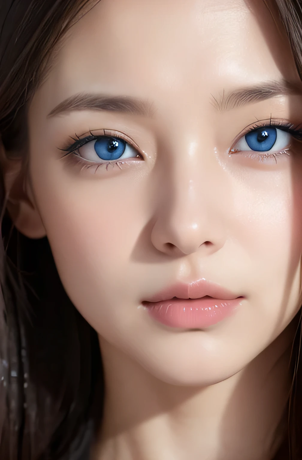 image of one woman、blue eyes、close up of face、smooth skin、Amazingly cute face、actresasterpiece、highest quality、8k photo、(close ~ eye)excited expression、wistful look、mouth wide open、(wrinkles at the corners of the eye:1.1),28 year old female、Please bring your face closer to the audience、Wet and shiny lips、kissing face、