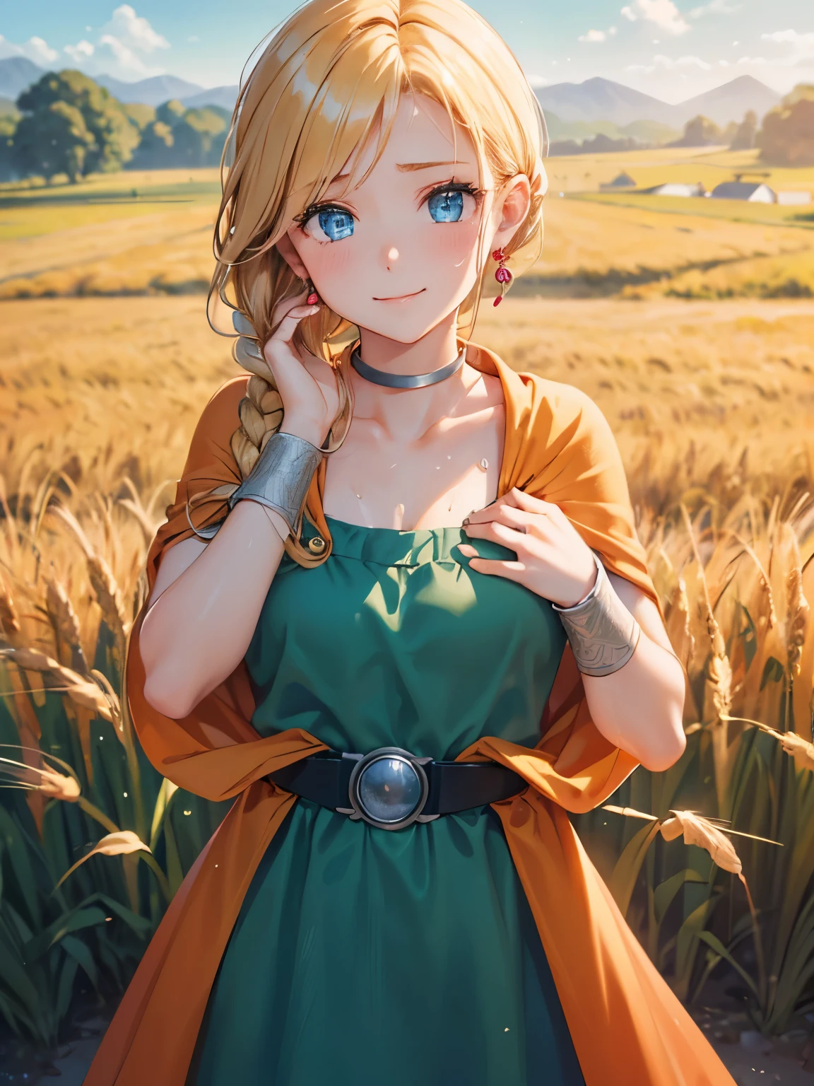 from above, face focus, dqBianca, (single braid, earrings, choker, orange cape, green dress, belt), (hand on face:1.5), (Wiping off sweat:1.5), (sweat), tired, smile, happy, depth, depth of field, Thatched Roof House, Wheat Field, masterpiece, high quality, best quality, beautiful, hd, perfect lighting, detailed face, detailed body, masterpiece, best quality, intricate details, 8k uhd, perfect face, perfect eyes