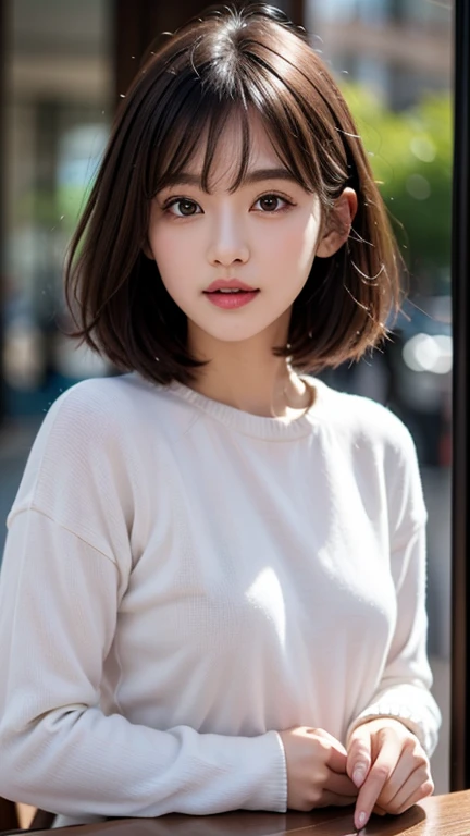 (Highly detailed CG Unity 8K wallpaper,table top, highest quality, Super detailed, look at the camera:1.2, light shines on your face:1.5, gray background, professional lighting), Living in Japan30old woman、short hair, black haired, plump facial contours:1.5, (thin eyebrows:1.25), Big, bright eyes, small nose, Soft mouth, physically thin, (Wear a shirt under your sweater), sincere impression, noble mix fix v3.0