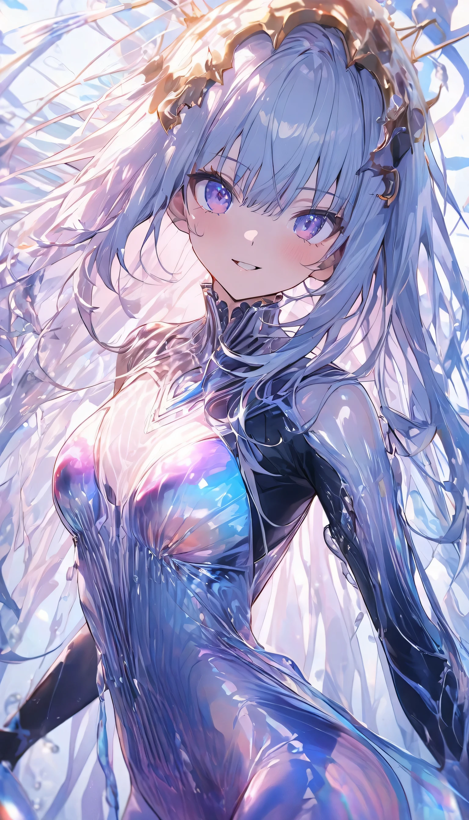 ((masterpiece)), Highest quality, Super detailed,(One girl),Yuki Asuna、 Long Hair,Beautiful background, chest, Curved body,Lie in, Look to the side, Fearful Face, But the body learns pleasure、NSFW、Asuna is attacked by a silver liquid metal creature in her bedroom.、The body is completely covered in silver powder.、(((Covered in silver powder up to my nose、It keeps on invading through the holes)))、NSFW,