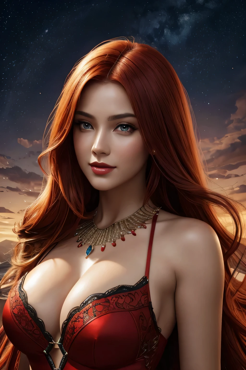 Portrait, beautiful woman with vivid red hair hair and a silky red dress, hourglass figure, symmetrical figure, highly detailed face, beautiful face, calming black eyes, lush red lips, smiling, alluring, stunning digital illustration, cosmic fantasy background, beautiful digital artwork, magenta lighting, glossy digital painting, gorgeous digital art, 4k detailed digital art, beautiful digital illustration, 4k highly detailed digital art, beautiful digital art, realistic digital art 4k, realistic digital art 4k, airbrush digital art
