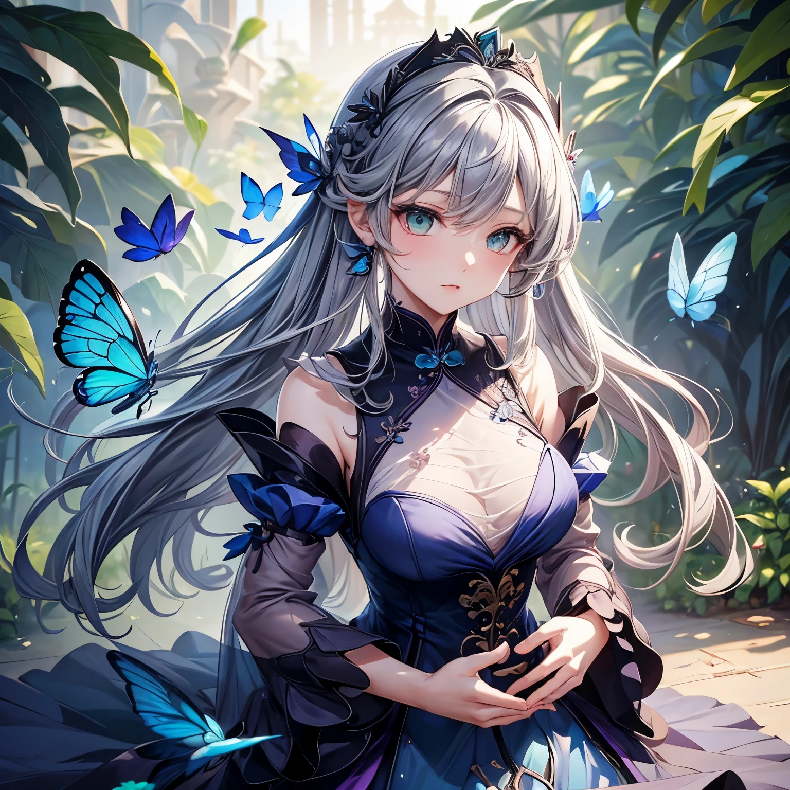 ((masterpiece)), (((best quality))), ((Very detailed)), rich and colorful, high dynamic range, 1 girl, alone, Upper body, gray hair,Green eyes, luotianyi (xiachong),xiachong, Black and purple dress, (blue butterfly), White butterfly wings，Beautiful hands